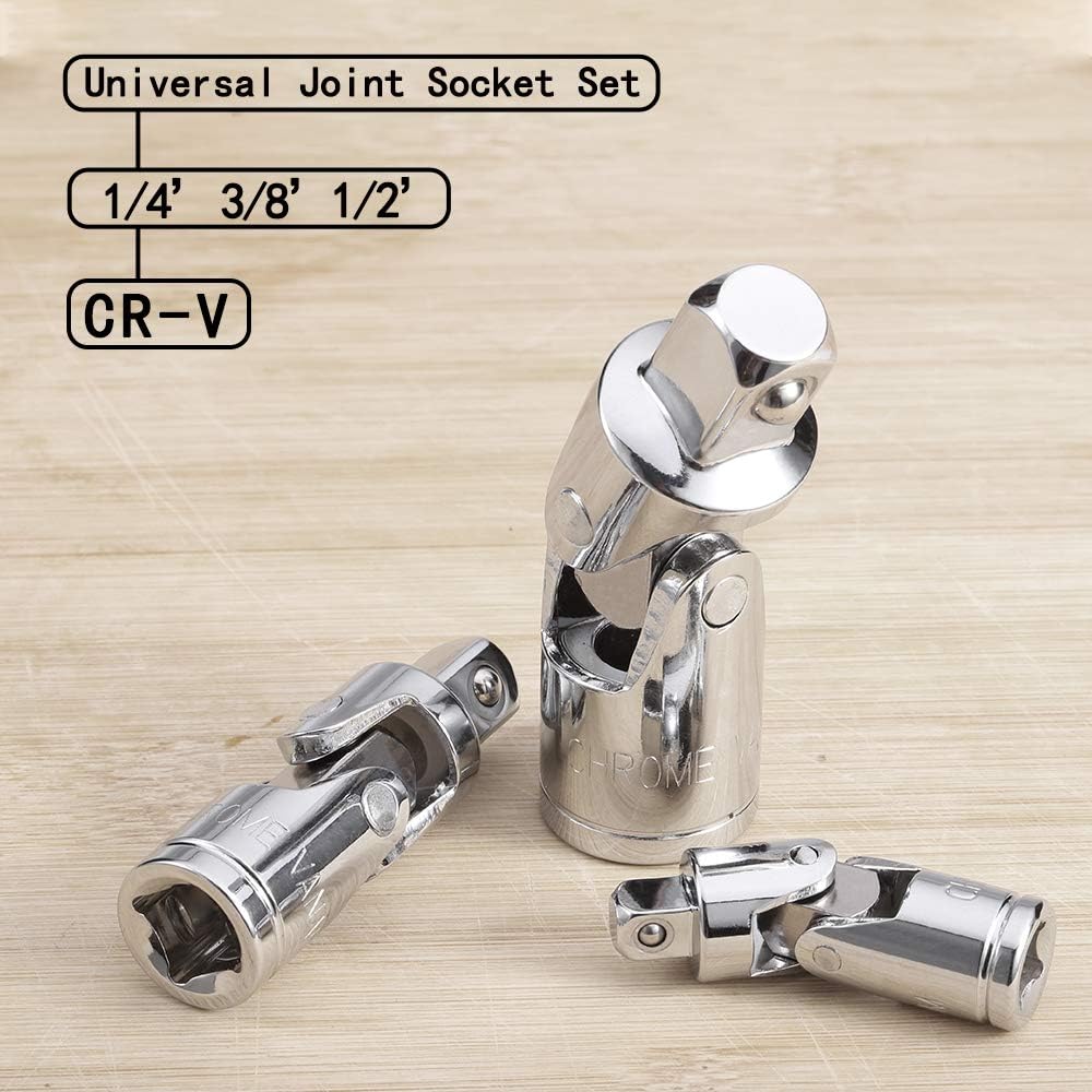 3PCS Universal Joint Socket Set, Chrome Vanadium Steel Swivel Socket Adapter Set, 1/4IN, 3/8IN, 1/2IN Drive Universal Joint Set - Image 6