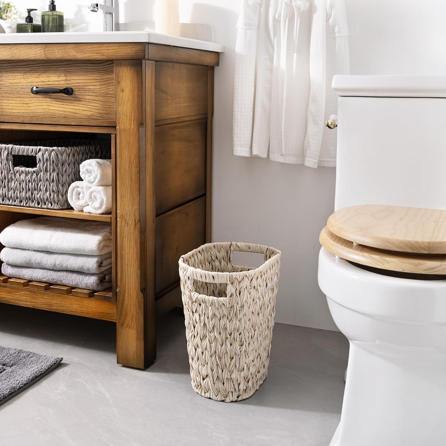 Wicker Trash Can, Waterproof Bathroom Trash Can, Wicker Waste Basket for Bathroom, Decorative Boho Waste Basket for Bedroom, Office, 19 Liters/5 Gallons - Image 2