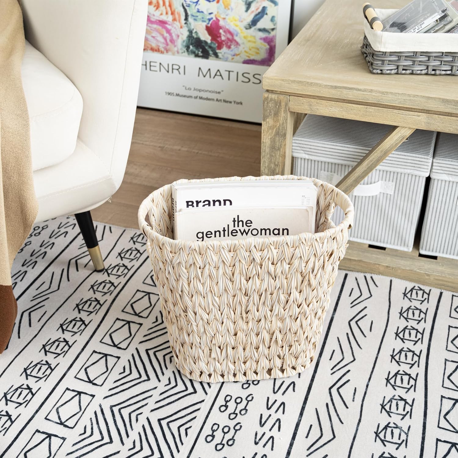 Wicker Trash Can, Waterproof Bathroom Trash Can, Wicker Waste Basket for Bathroom, Decorative Boho Waste Basket for Bedroom, Office, 19 Liters/5 Gallons - Image 3