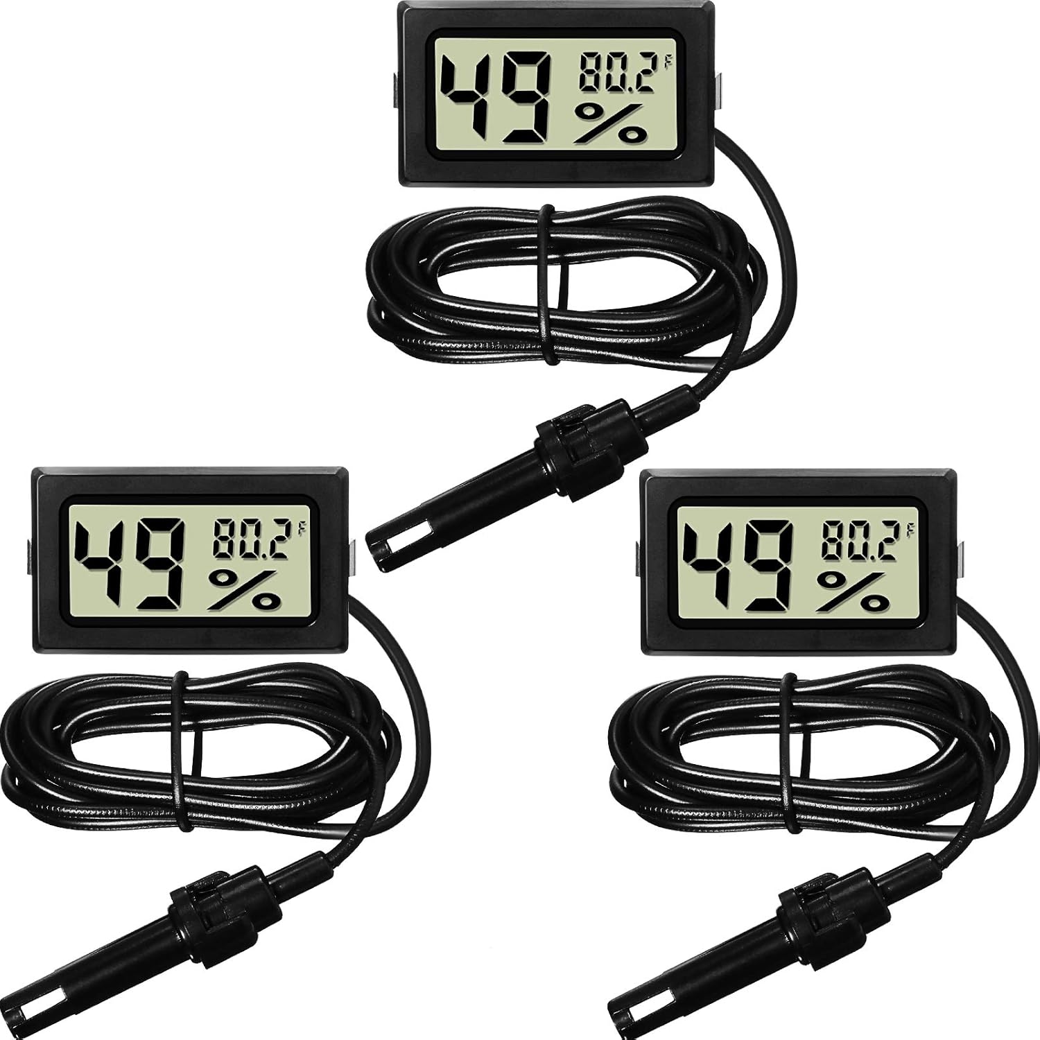 Mini Digital Temperature Humidity Meters Gauge with Probe Gauge LCD Fahrenheit Display Thermometer Hygrometer for Incubator Reptile Plant Greenhouse Chicken Coop Garden(Black, 3 Pieces) - Image 1