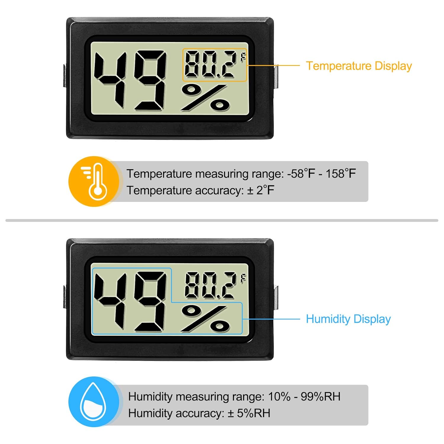 Mini Digital Temperature Humidity Meters Gauge with Probe Gauge LCD Fahrenheit Display Thermometer Hygrometer for Incubator Reptile Plant Greenhouse Chicken Coop Garden(Black, 3 Pieces) - Image 3