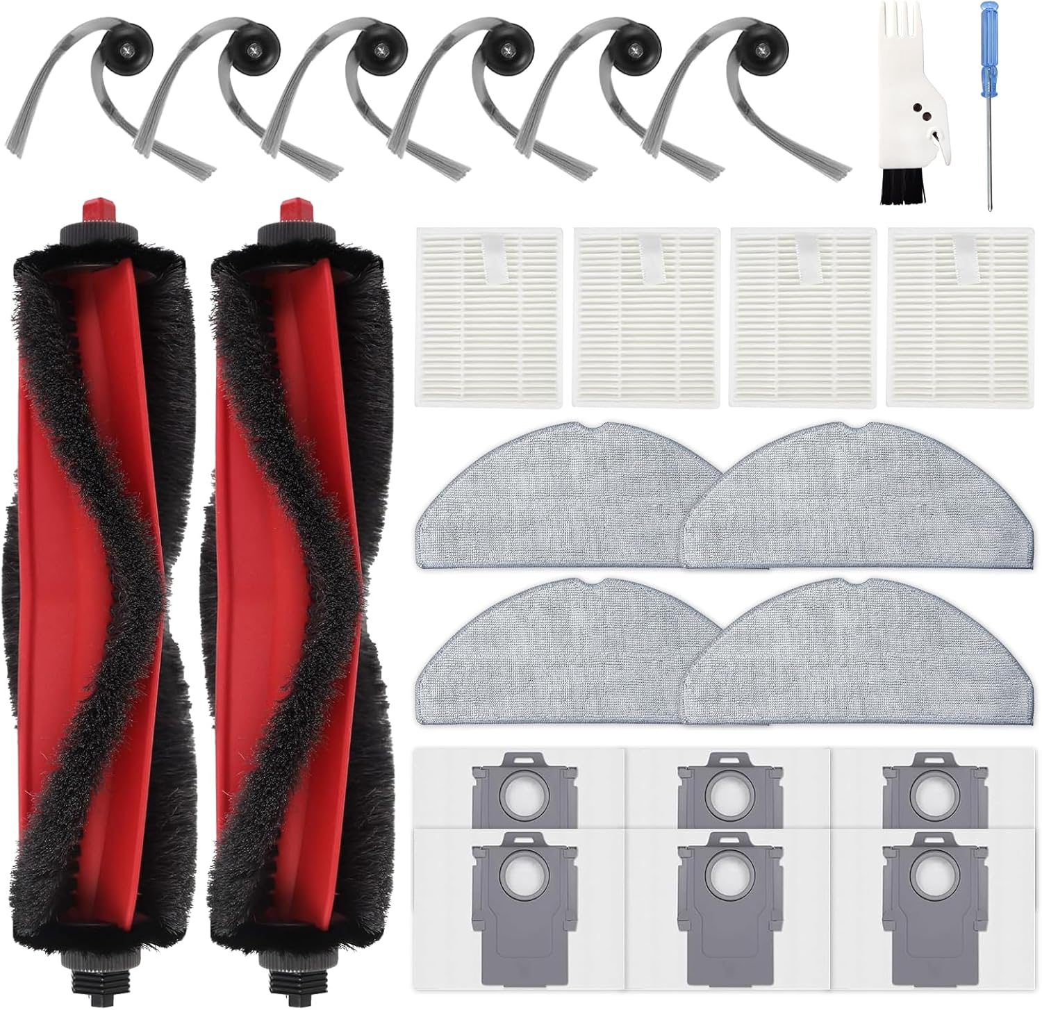 24PCS Replacement Parts Compatible with  Q7 M5+/ Q7 M5/Q7 L5/Q7 L5+, 2 Main Brushes, 6 Side Brushes, 4 HEPA Filters, 4 Mop Pads, 6 Dust Bags, 1 Cleaning Brush,1 Screwdriver Spare Parts - Image 1