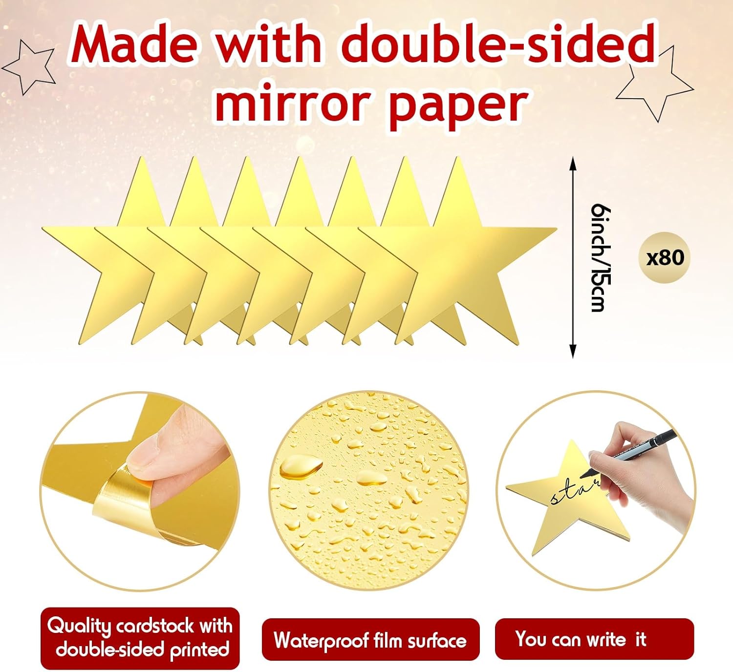 80 Pieces Stars Cutouts Glitter Double Printed Paper Cardboard Stars Decorations for Bulletin Board Classroom Wall Party Decoration Supply, 6 Inches(Gold) - Image 2