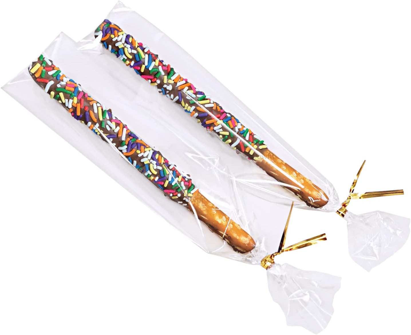 100 CT 2x10 Inch Clear Flat Cellophane Treat Bags with 4” Gold Twist Ties, Cello Packaging for Pretzel Rods, Cookies, Candies and Jewelry Wrappers - Image 1