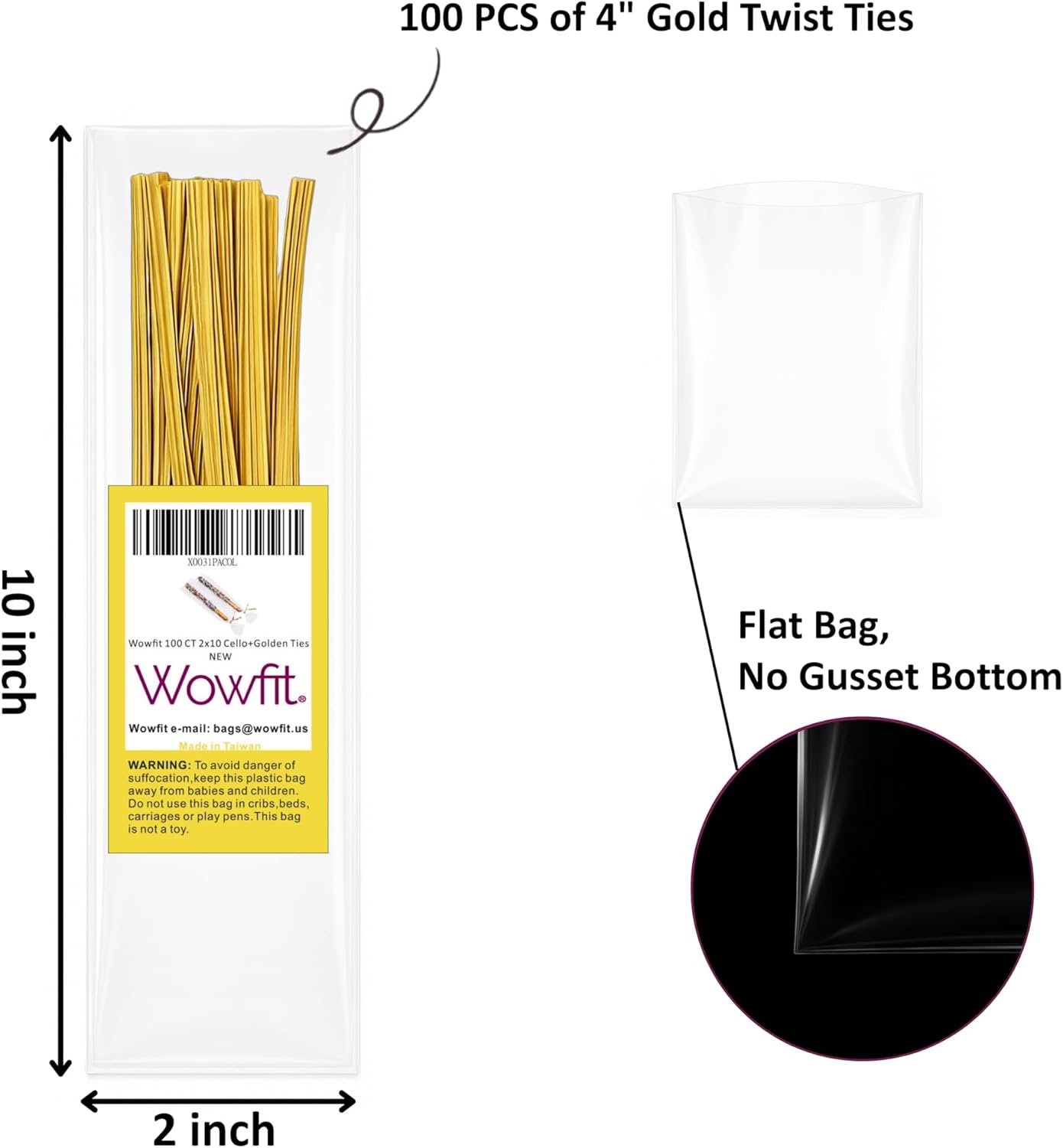 100 CT 2x10 Inch Clear Flat Cellophane Treat Bags with 4” Gold Twist Ties, Cello Packaging for Pretzel Rods, Cookies, Candies and Jewelry Wrappers - Image 2
