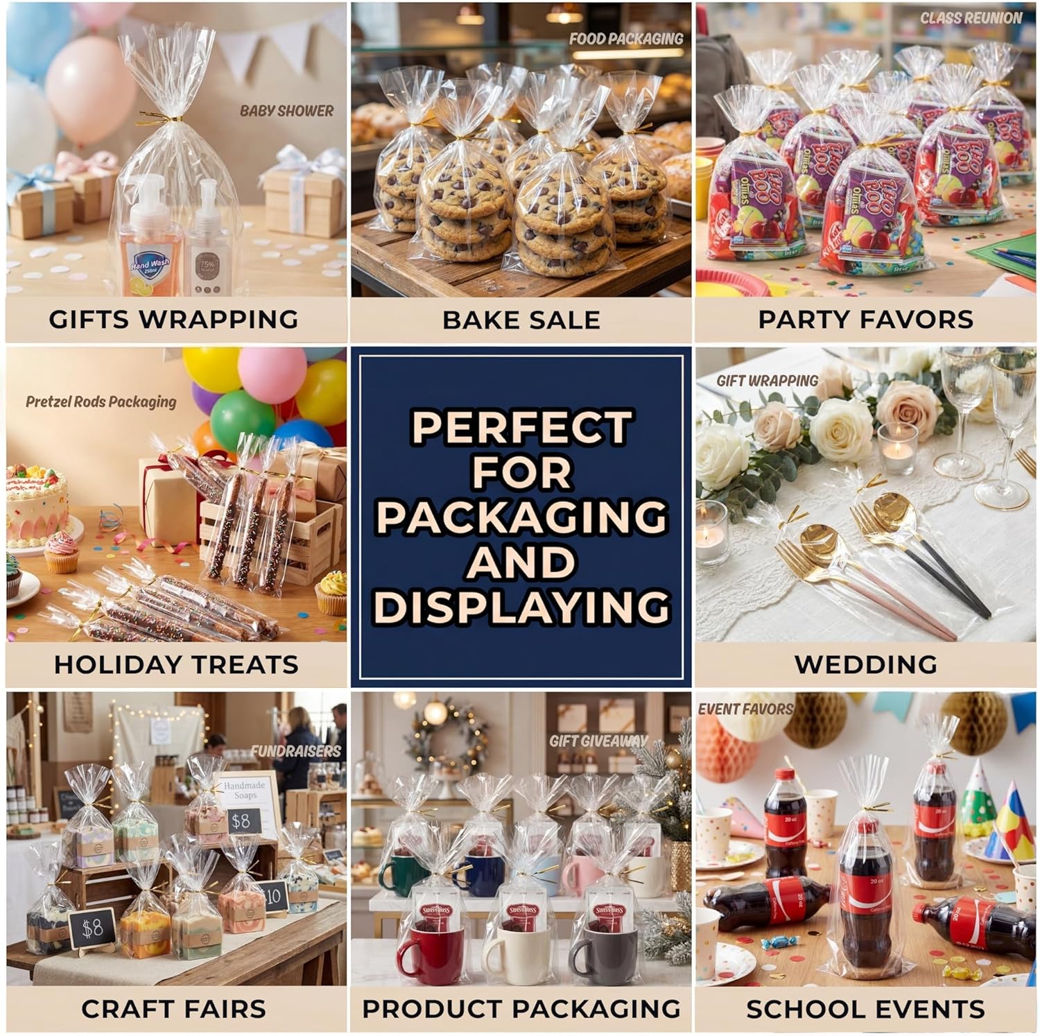 100 CT 2x10 Inch Clear Flat Cellophane Treat Bags with 4” Gold Twist Ties, Cello Packaging for Pretzel Rods, Cookies, Candies and Jewelry Wrappers - Image 3