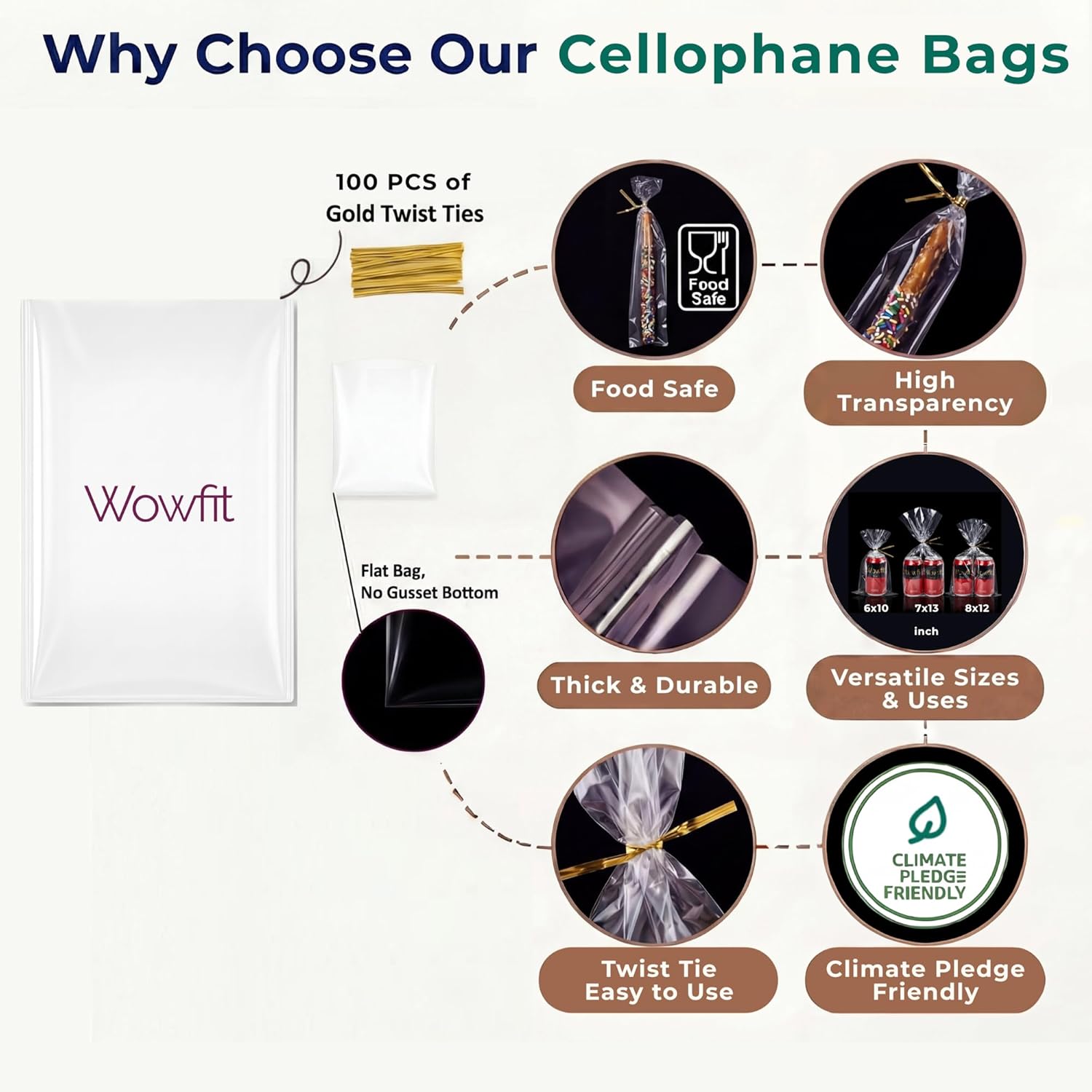 100 CT 2x10 Inch Clear Flat Cellophane Treat Bags with 4” Gold Twist Ties, Cello Packaging for Pretzel Rods, Cookies, Candies and Jewelry Wrappers - Image 4