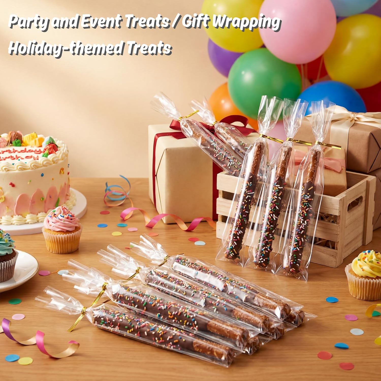 100 CT 2x10 Inch Clear Flat Cellophane Treat Bags with 4” Gold Twist Ties, Cello Packaging for Pretzel Rods, Cookies, Candies and Jewelry Wrappers - Image 5