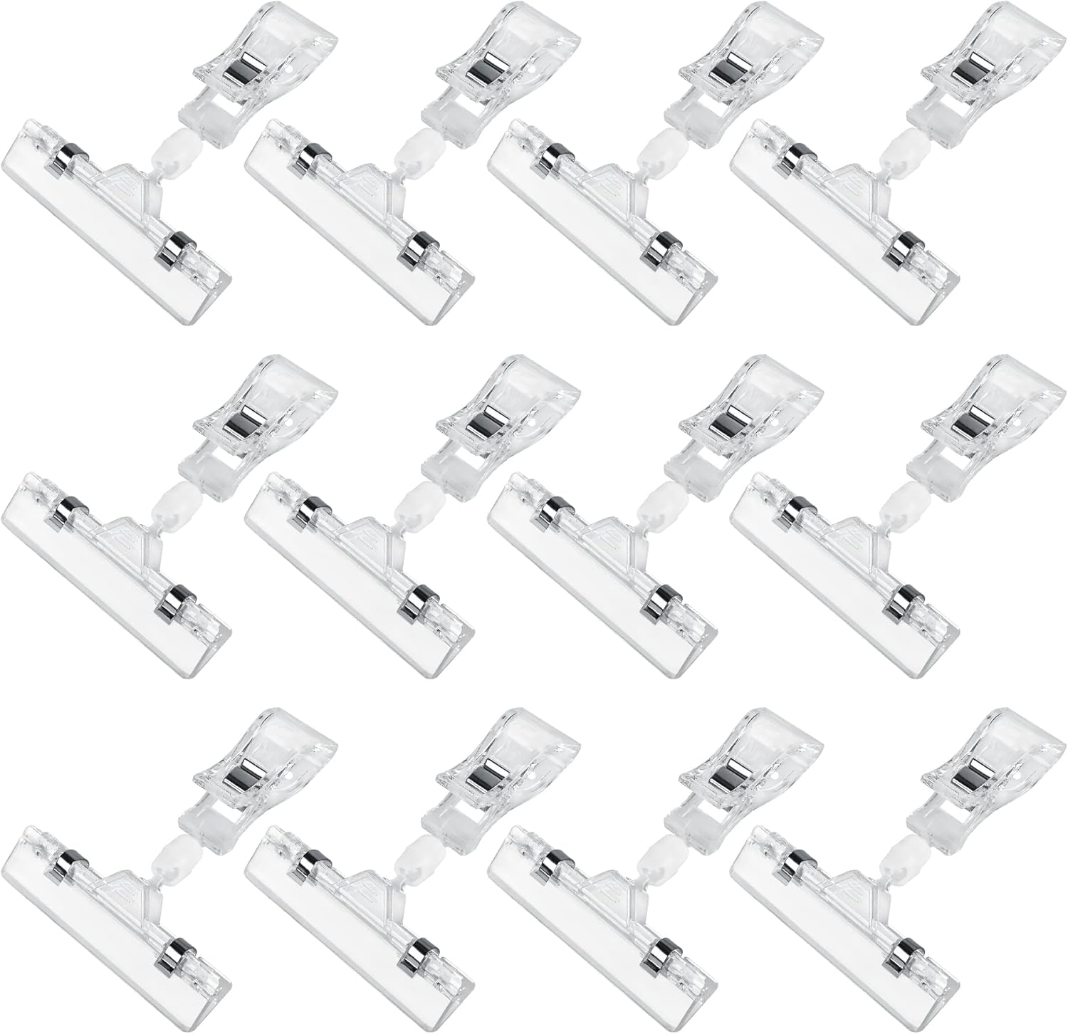 Clear Sign Clips Merchandise Display 12 Pack Plastic Label Pop Clips on Sign Holder Shelf Double Sided Swivel Price Tag Holders on Clothing Rack Rotatable Menu Clamps for Sale Retail Display - Image 1