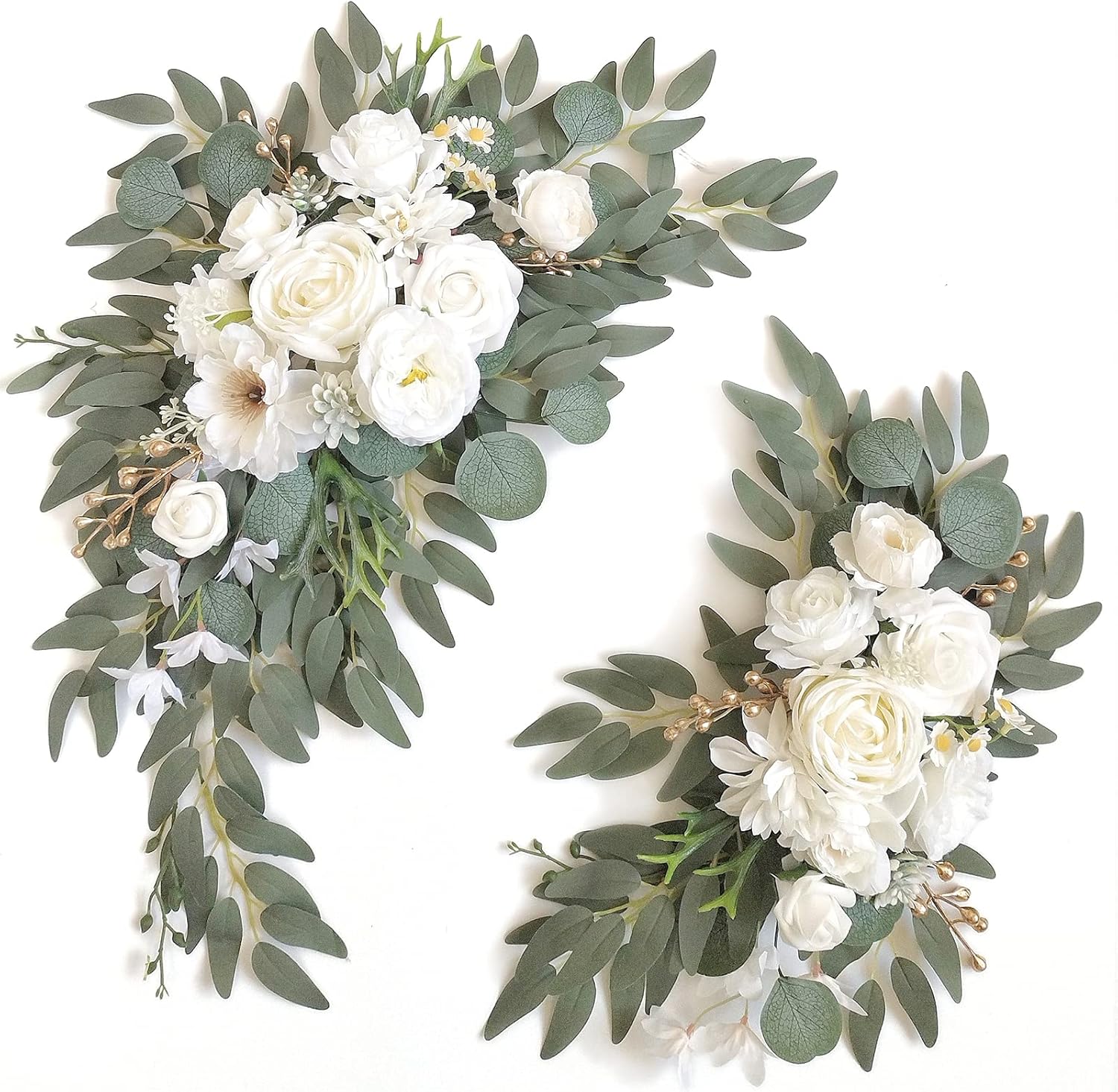 Faux Arch Flower Swag Set of 2 for Wedding Welcome Signs Floral Swag Wedding Reception Ceremony Signs Decor (White) - Image 1