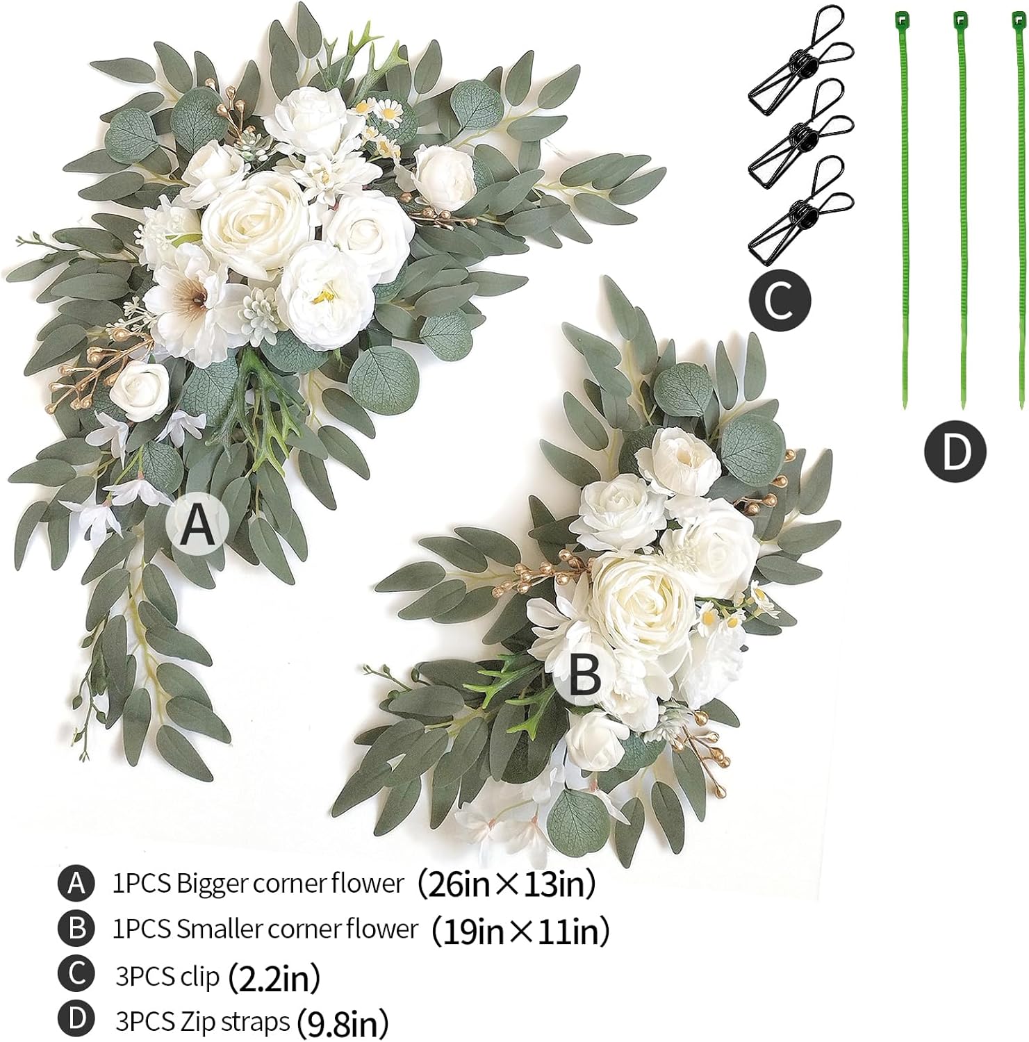 Faux Arch Flower Swag Set of 2 for Wedding Welcome Signs Floral Swag Wedding Reception Ceremony Signs Decor (White) - Image 2
