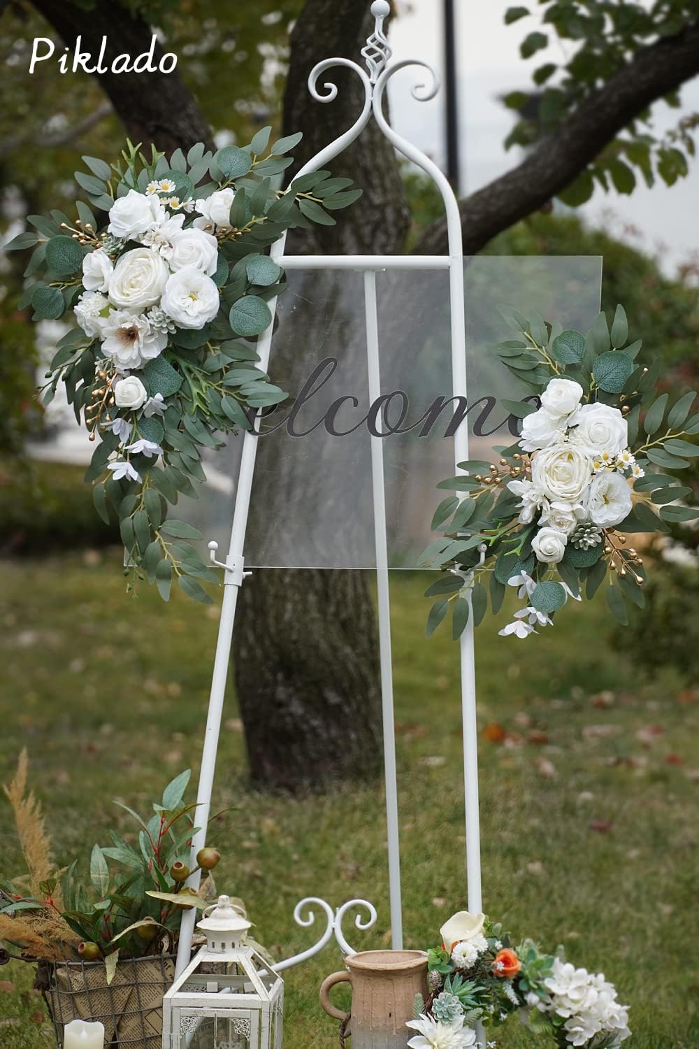 Faux Arch Flower Swag Set of 2 for Wedding Welcome Signs Floral Swag Wedding Reception Ceremony Signs Decor (White) - Image 3