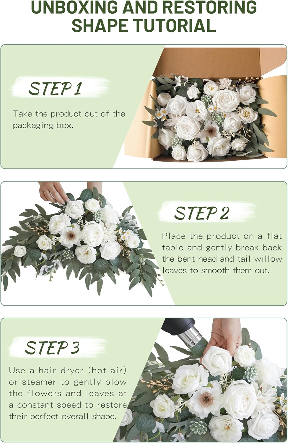 Faux Arch Flower Swag Set of 2 for Wedding Welcome Signs Floral Swag Wedding Reception Ceremony Signs Decor (White) - Image 8