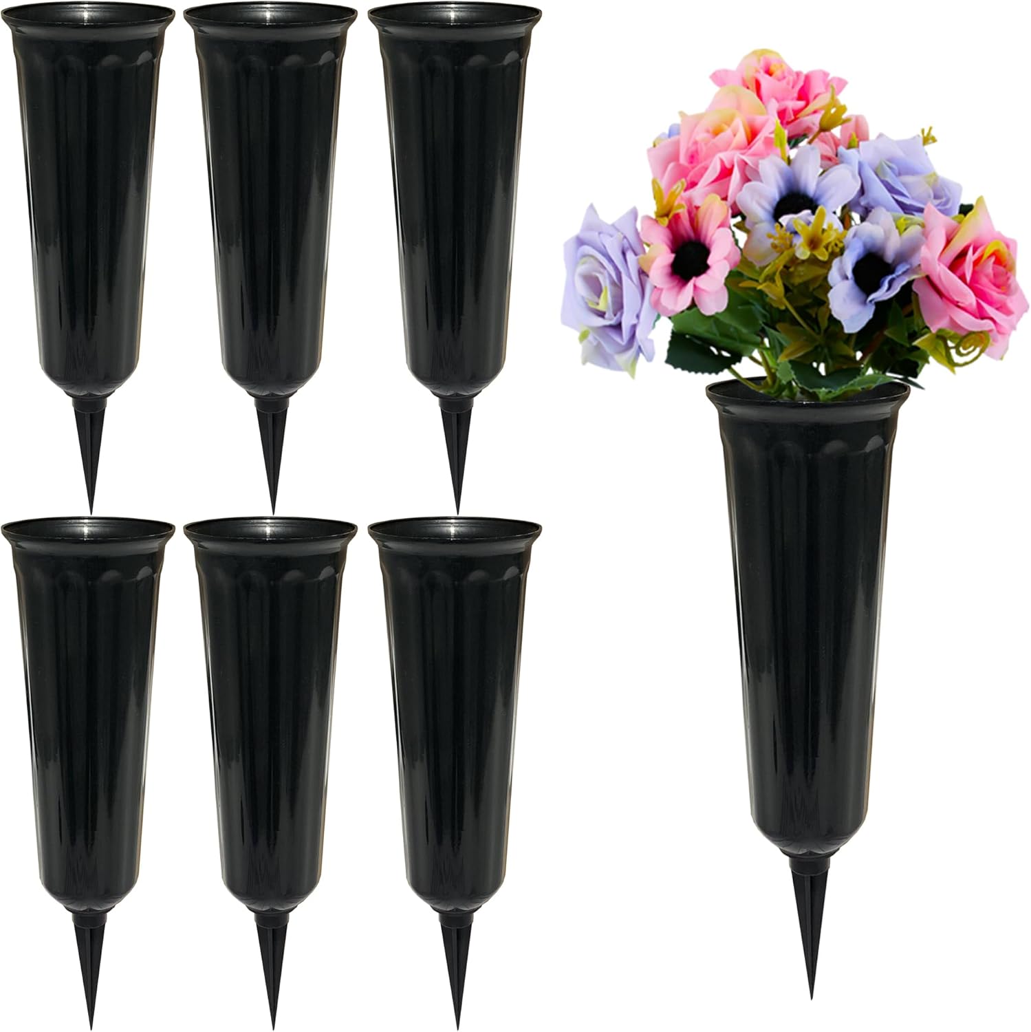 Memorial Floral Vases, Cemetery Vase, Headstones Flower Holder, Grave Cone Vase, Flower Pots for Outdoor Plants, Decorative Plastic Containers (Set of 6, Black) - Image 1
