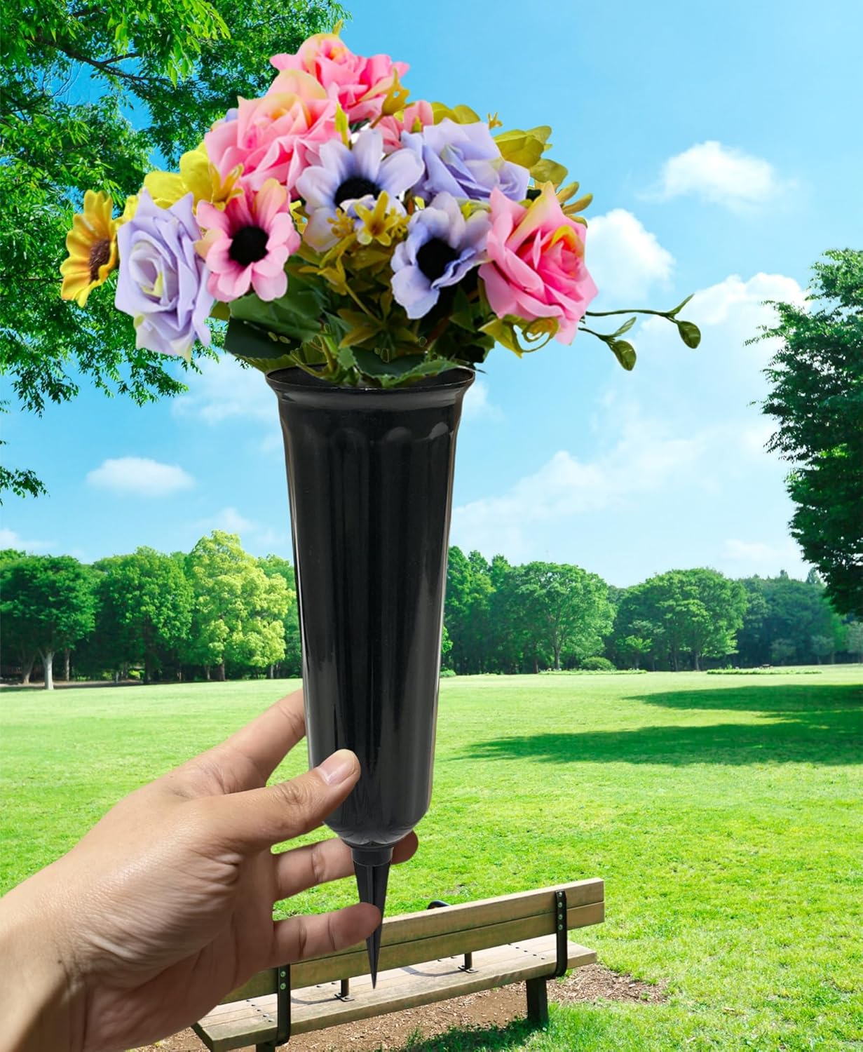 Memorial Floral Vases, Cemetery Vase, Headstones Flower Holder, Grave Cone Vase, Flower Pots for Outdoor Plants, Decorative Plastic Containers (Set of 6, Black) - Image 3