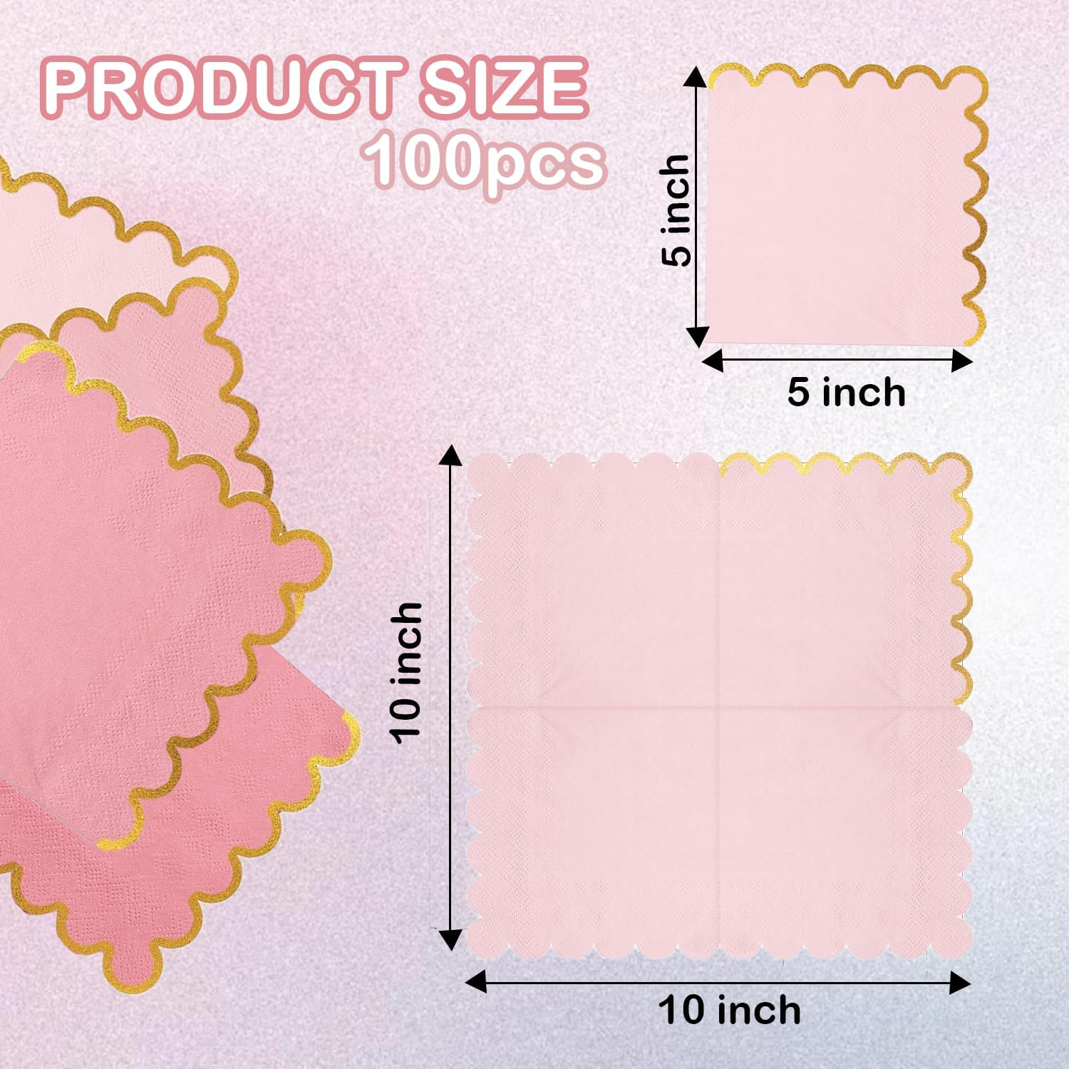 100 pack Pink Mix Cocktail Napkins with Gold Foil Accents Scalloped Edges 5 x 5 inch Beverage Disposable Napkin Party Decoration Wedding Bridal and Baby Shower Dinner Lunch Supplies - Image 2