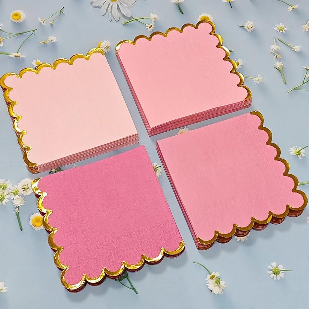 100 pack Pink Mix Cocktail Napkins with Gold Foil Accents Scalloped Edges 5 x 5 inch Beverage Disposable Napkin Party Decoration Wedding Bridal and Baby Shower Dinner Lunch Supplies - Image 3