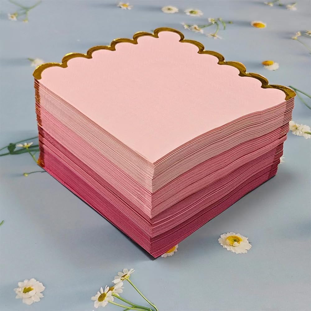100 pack Pink Mix Cocktail Napkins with Gold Foil Accents Scalloped Edges 5 x 5 inch Beverage Disposable Napkin Party Decoration Wedding Bridal and Baby Shower Dinner Lunch Supplies - Image 4