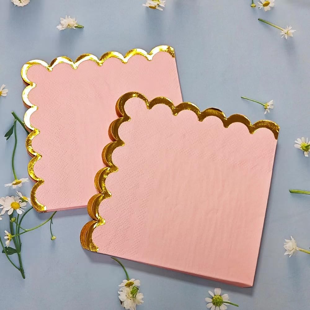 100 pack Pink Mix Cocktail Napkins with Gold Foil Accents Scalloped Edges 5 x 5 inch Beverage Disposable Napkin Party Decoration Wedding Bridal and Baby Shower Dinner Lunch Supplies - Image 7
