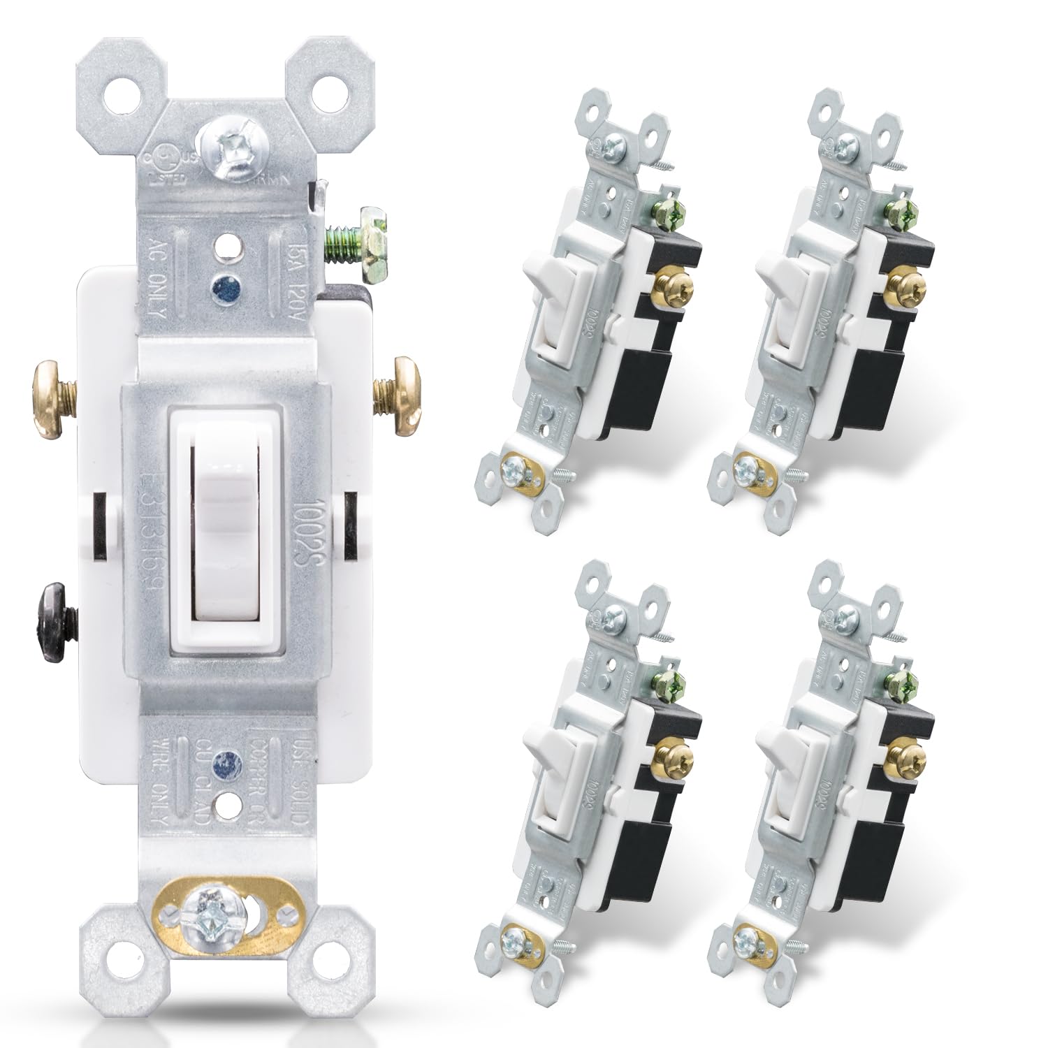 3 Way Toggle Light Switch, 15 Amp, 120 V, Toggle Framed AC Quiet Switch, in Wall On/Off Switch Replacement, Self-Grounding, Residential and Commercial Grade, UL Listed (5 Pack, Glossy White) - Image 1