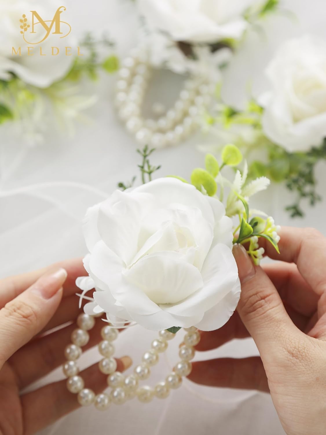 White Ivory Rose Wrist Corsage, Set of 6, Wedding Bridal Flower Corsage Hand Decor for Prom Party Homecoming, Wristband Flowers Bride, Bridesmaid, Girl - Image 2