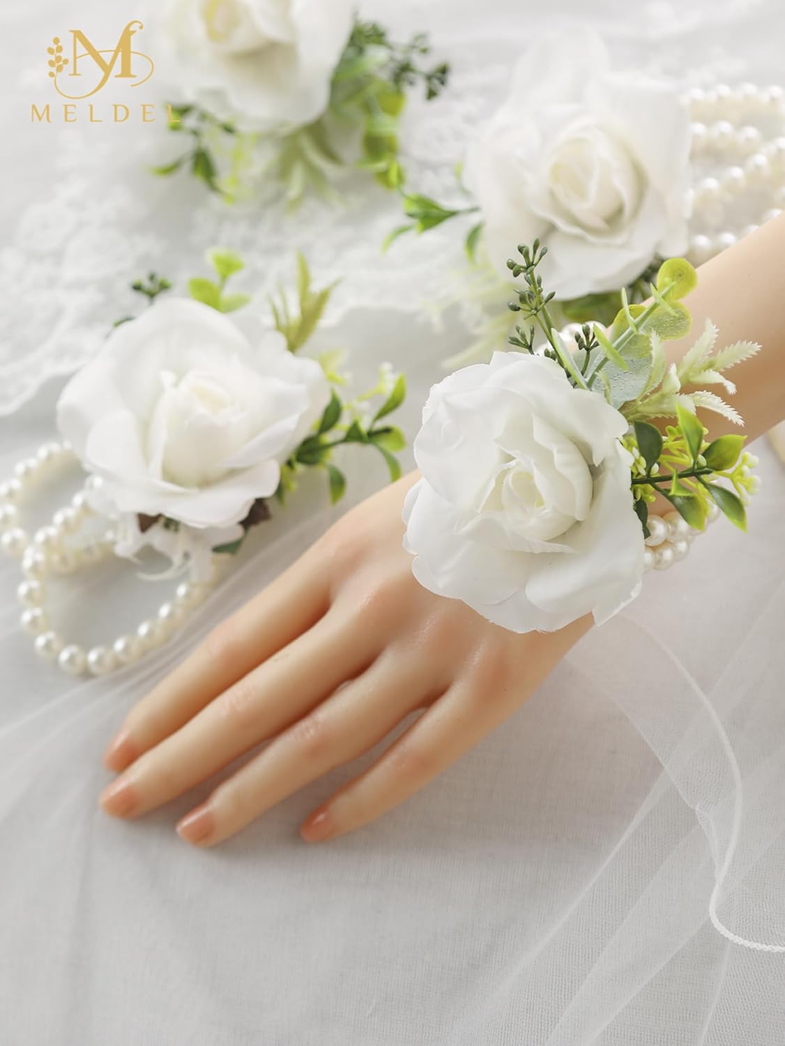White Ivory Rose Wrist Corsage, Set of 6, Wedding Bridal Flower Corsage Hand Decor for Prom Party Homecoming, Wristband Flowers Bride, Bridesmaid, Girl - Image 3