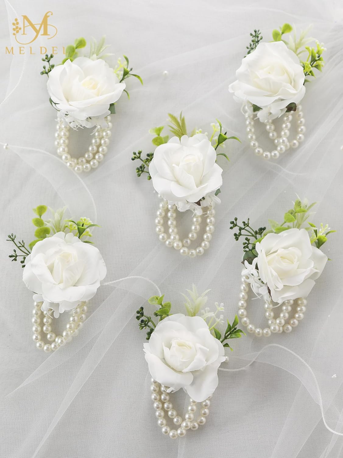 White Ivory Rose Wrist Corsage, Set of 6, Wedding Bridal Flower Corsage Hand Decor for Prom Party Homecoming, Wristband Flowers Bride, Bridesmaid, Girl - Image 5
