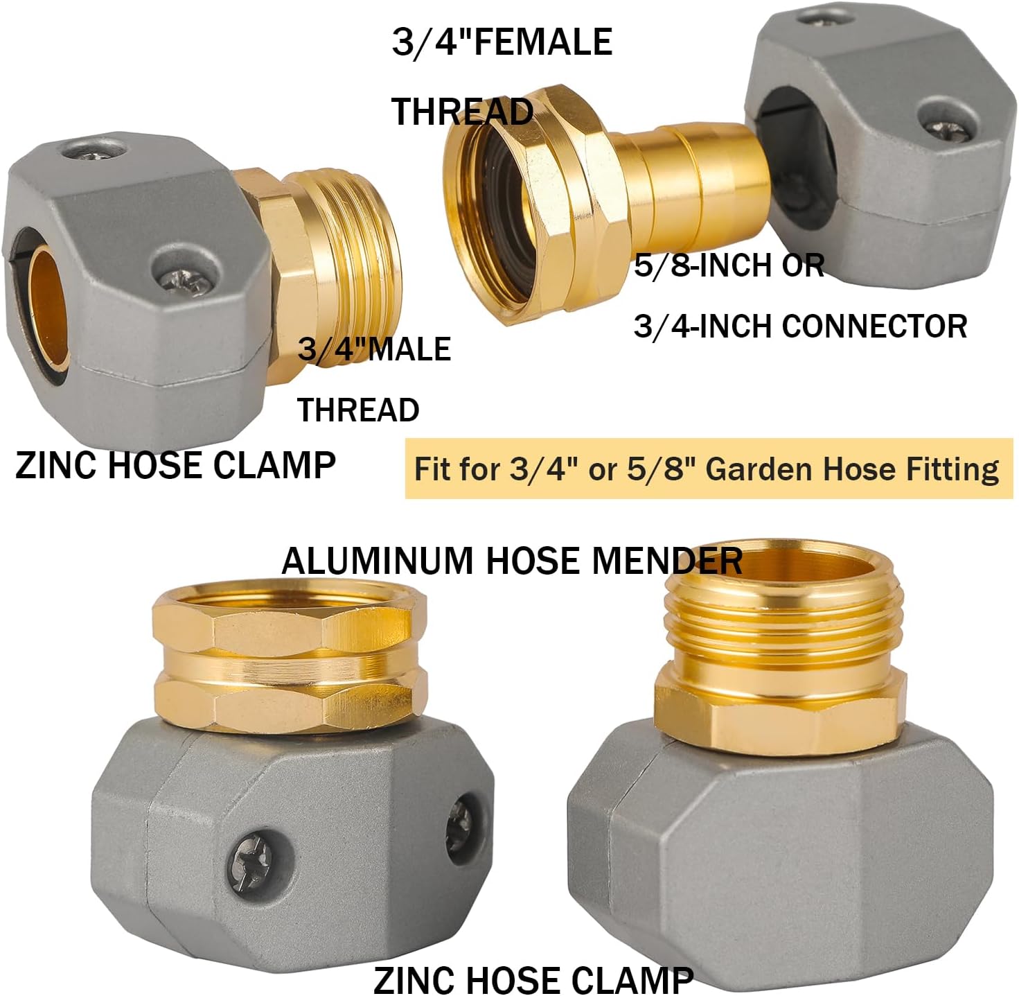 Garden Hose Repair Kits, 3 Sets Aluminum Alloy Water Hose Connector, Fit 3/4
