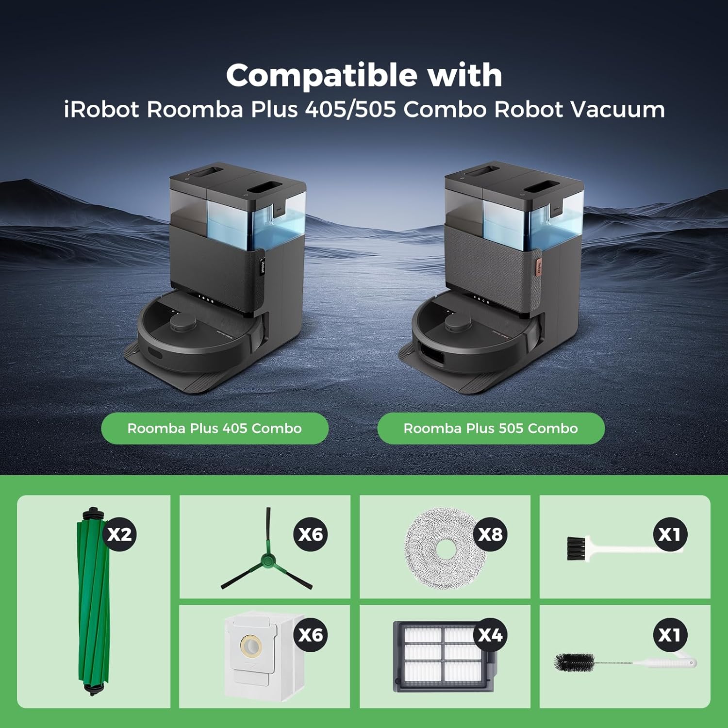 28PCS Accessories for iRobot Roomba Plus 405/505/507 Combo Robot Vacuum Cleaner, Parts Contents 2 Roller Brushes, 6 Side Brushes, 6 Dust Bags, 4 HEPA Filters, 8 Mop Pads, 1 Cleaning Brush - Image 2
