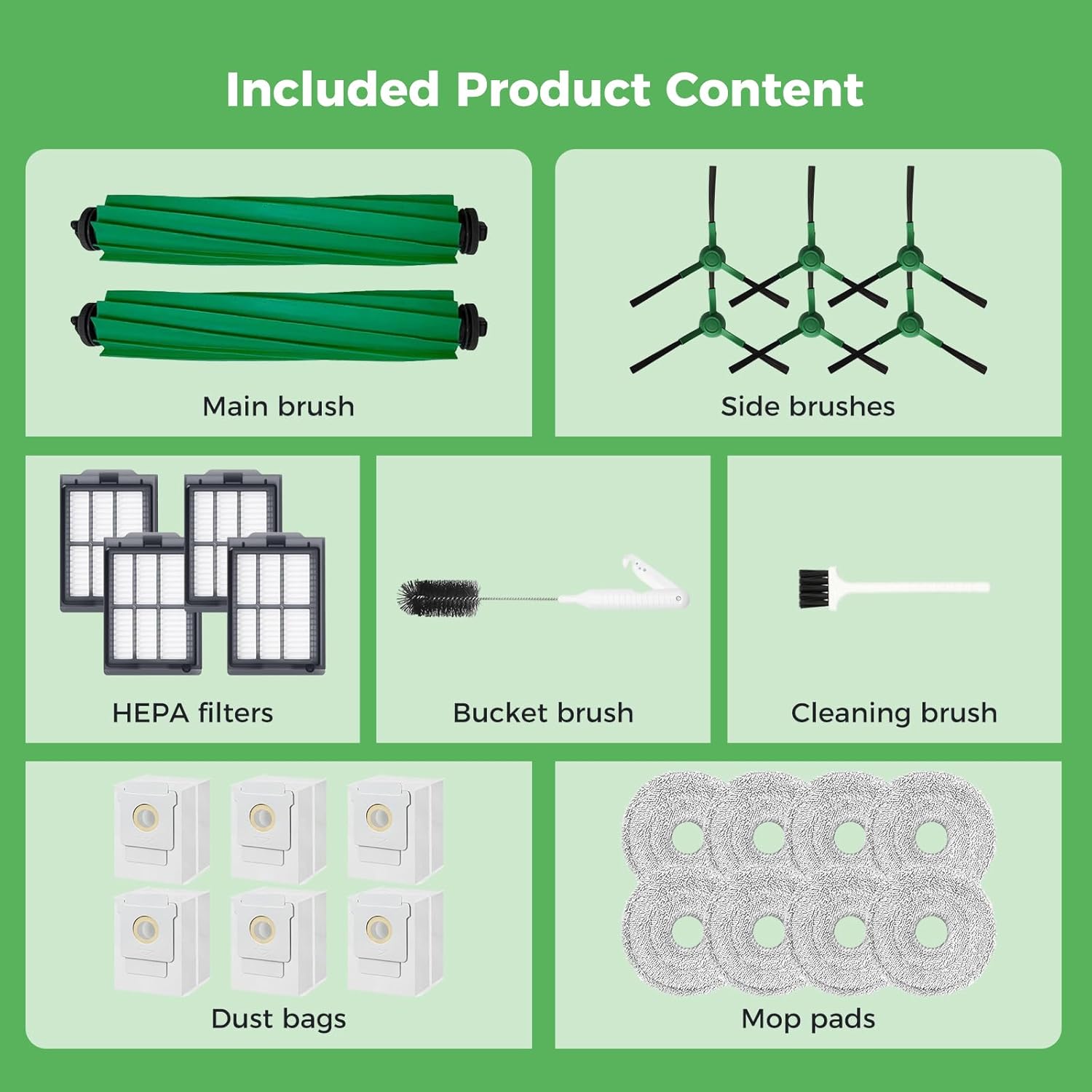 28PCS Accessories for iRobot Roomba Plus 405/505/507 Combo Robot Vacuum Cleaner, Parts Contents 2 Roller Brushes, 6 Side Brushes, 6 Dust Bags, 4 HEPA Filters, 8 Mop Pads, 1 Cleaning Brush - Image 8