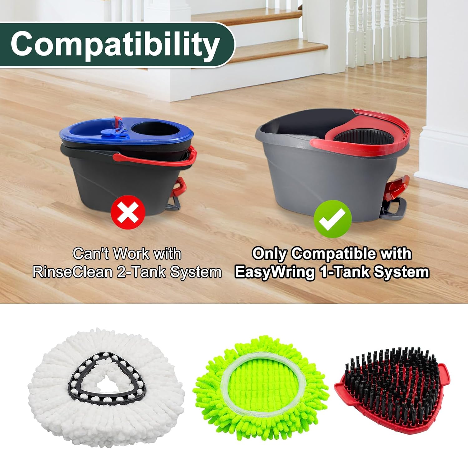 Mop Head Replacement for O Cedar, Spin Mop Replacement Head for Ocedar Easywring 1 Tank System, Mop Heads Includeds 4 Mop Replacement Heads, 1 Spin Scrub Brush & 1 Base - Image 2