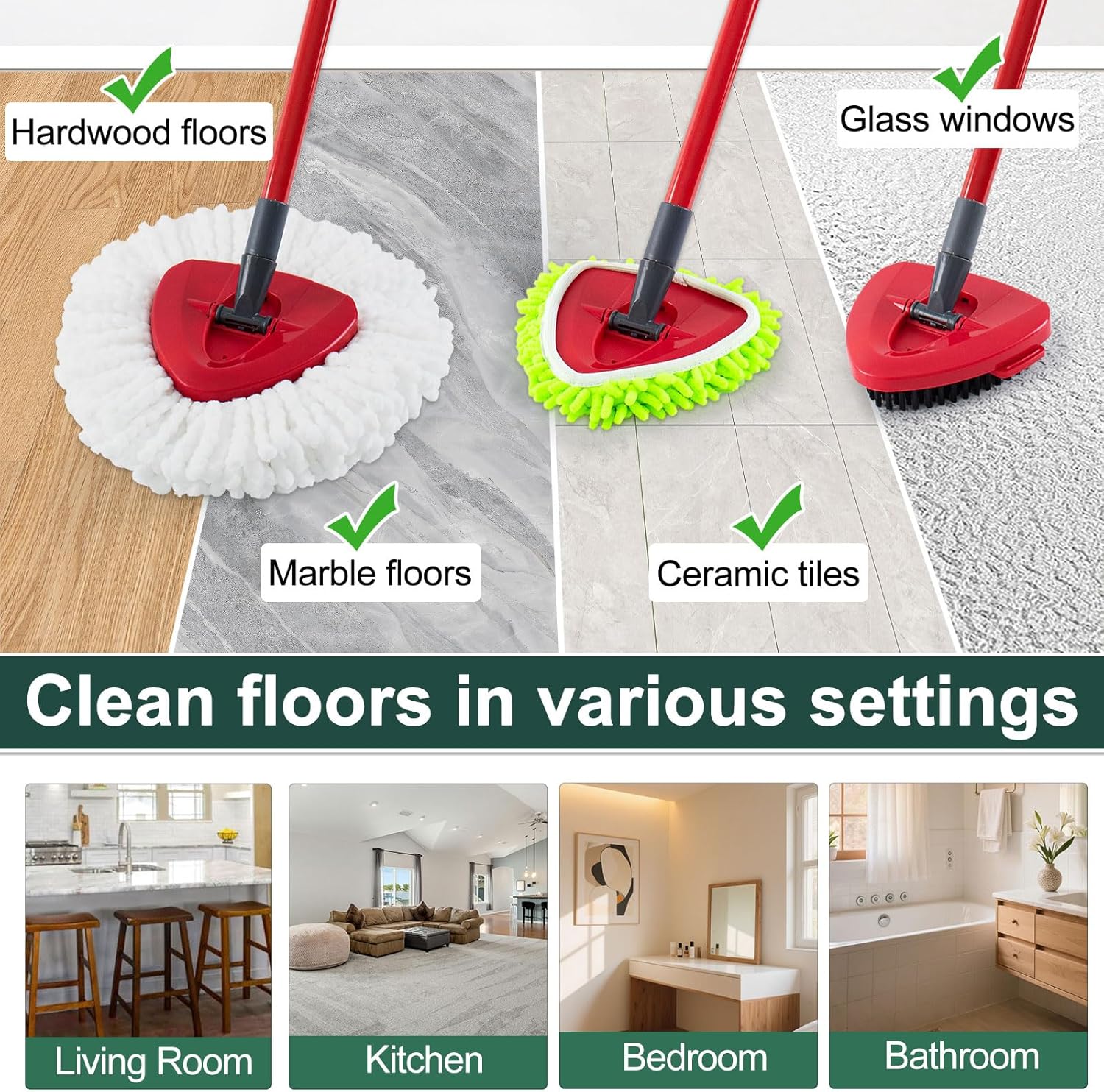 Mop Head Replacement for O Cedar, Spin Mop Replacement Head for Ocedar Easywring 1 Tank System, Mop Heads Includeds 4 Mop Replacement Heads, 1 Spin Scrub Brush & 1 Base - Image 7
