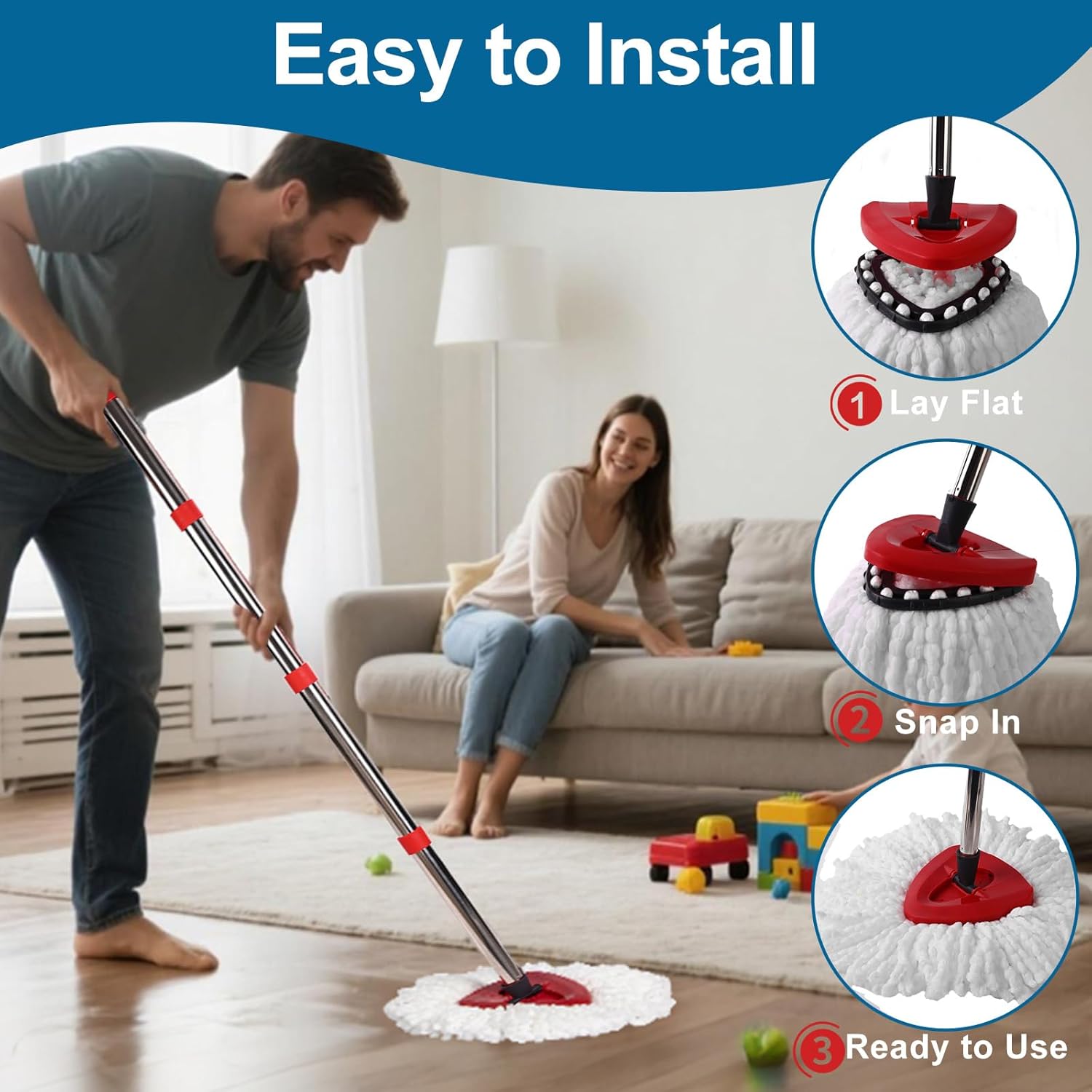 4 Pack Mop Heads Replacements, Compatible with O Cedar Easywring 1-Tank System Easy Wrin Spin Mops, Triangle Swivel Microfiber Mops, Washable & Easy to Replace - Image 4