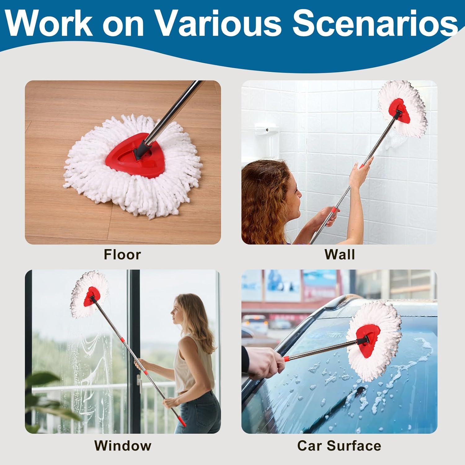 4 Pack Mop Heads Replacements, Compatible with O Cedar Easywring 1-Tank System Easy Wrin Spin Mops, Triangle Swivel Microfiber Mops, Washable & Easy to Replace - Image 5