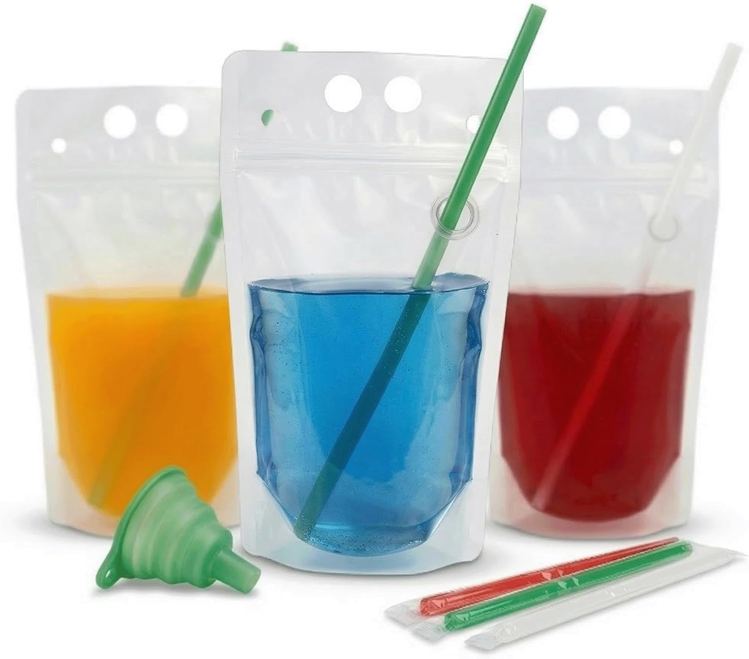 100PCS Drink Pouches with Side Straw Port, Resealable Leak-Resistant Beverage Bags with Straws & Funnel, 17oz Bulk Party Drink Containers for Cocktails, Juice & Slushies - Image 1