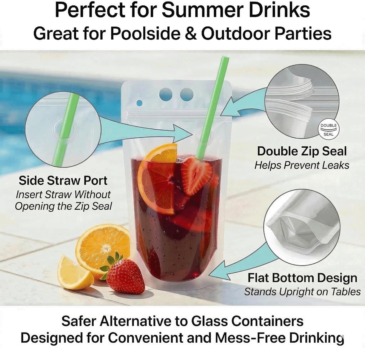 100PCS Drink Pouches with Side Straw Port, Resealable Leak-Resistant Beverage Bags with Straws & Funnel, 17oz Bulk Party Drink Containers for Cocktails, Juice & Slushies - Image 3