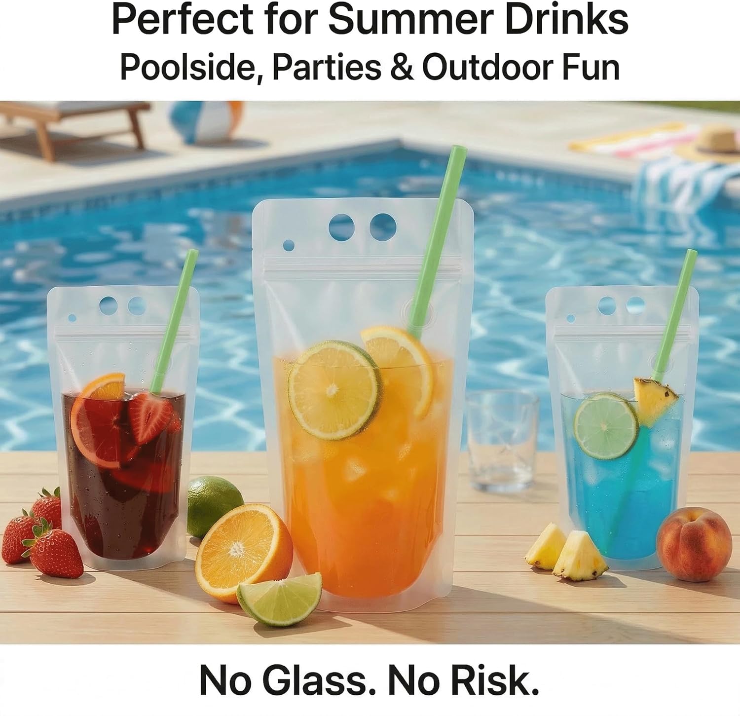 100PCS Drink Pouches with Side Straw Port, Resealable Leak-Resistant Beverage Bags with Straws & Funnel, 17oz Bulk Party Drink Containers for Cocktails, Juice & Slushies - Image 5