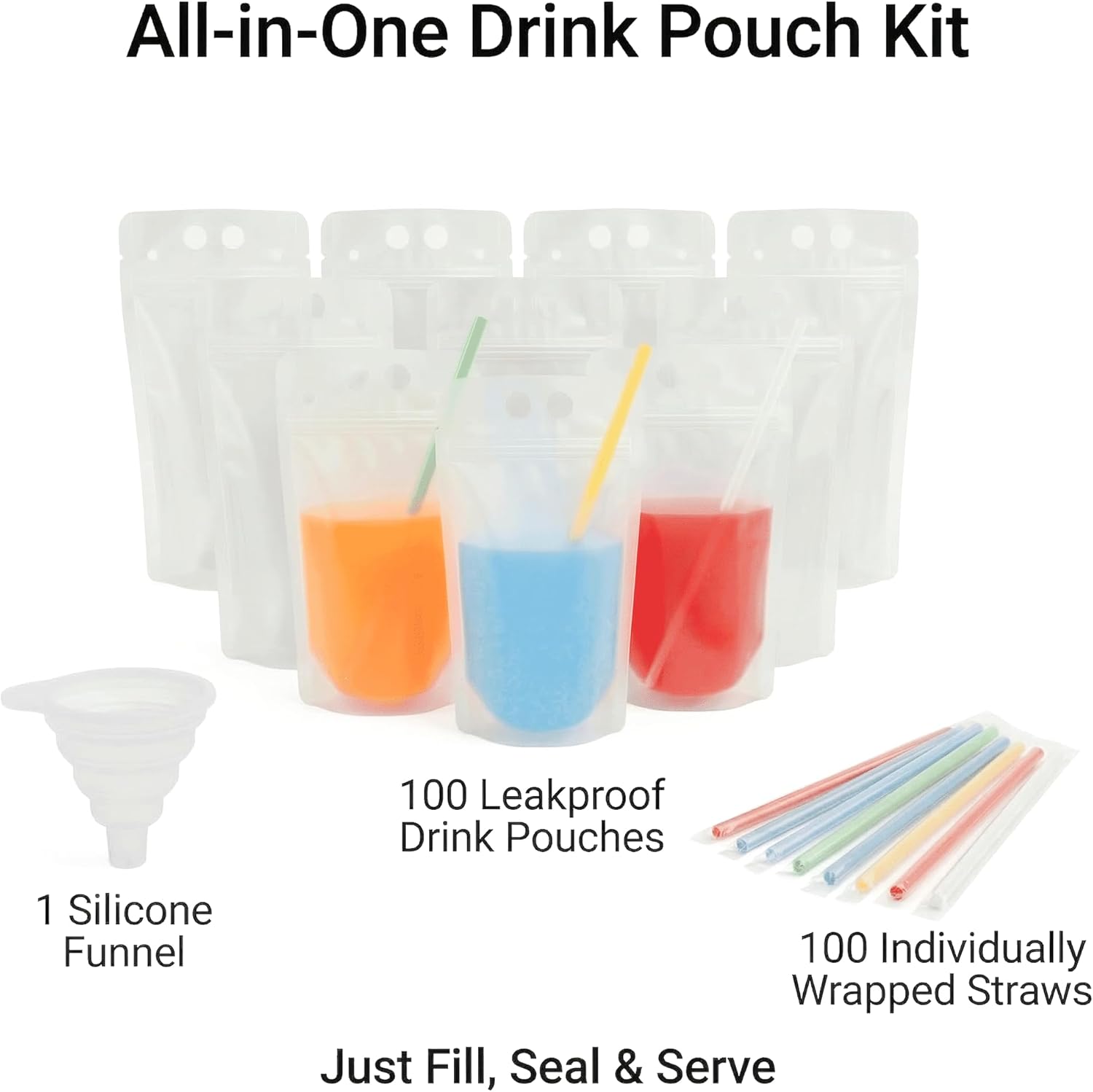 100PCS Drink Pouches with Side Straw Port, Resealable Leak-Resistant Beverage Bags with Straws & Funnel, 17oz Bulk Party Drink Containers for Cocktails, Juice & Slushies - Image 6