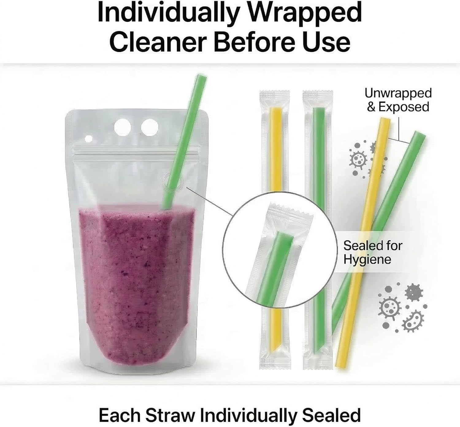 100PCS Drink Pouches with Side Straw Port, Resealable Leak-Resistant Beverage Bags with Straws & Funnel, 17oz Bulk Party Drink Containers for Cocktails, Juice & Slushies - Image 7