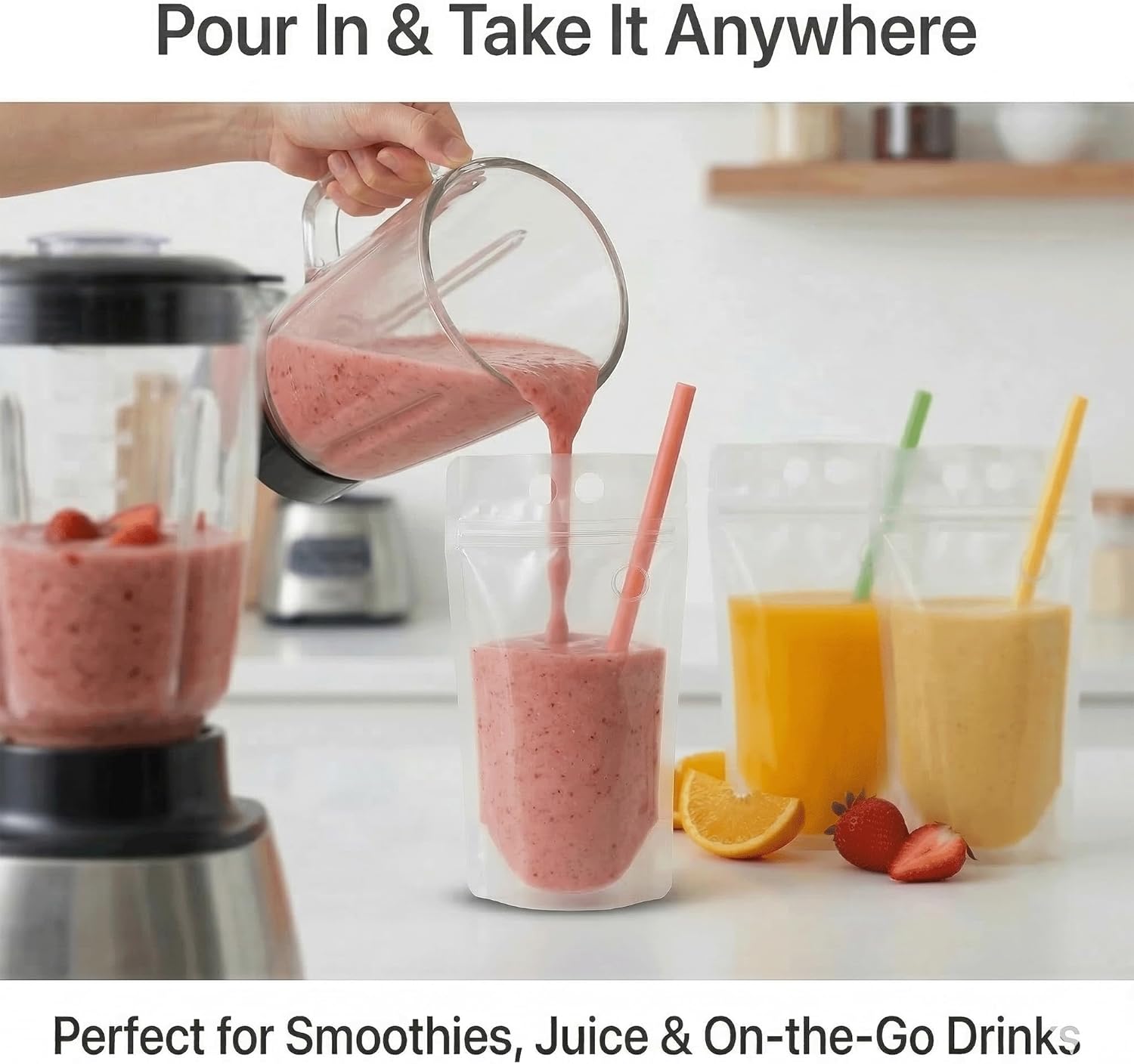 100PCS Drink Pouches with Side Straw Port, Resealable Leak-Resistant Beverage Bags with Straws & Funnel, 17oz Bulk Party Drink Containers for Cocktails, Juice & Slushies - Image 8