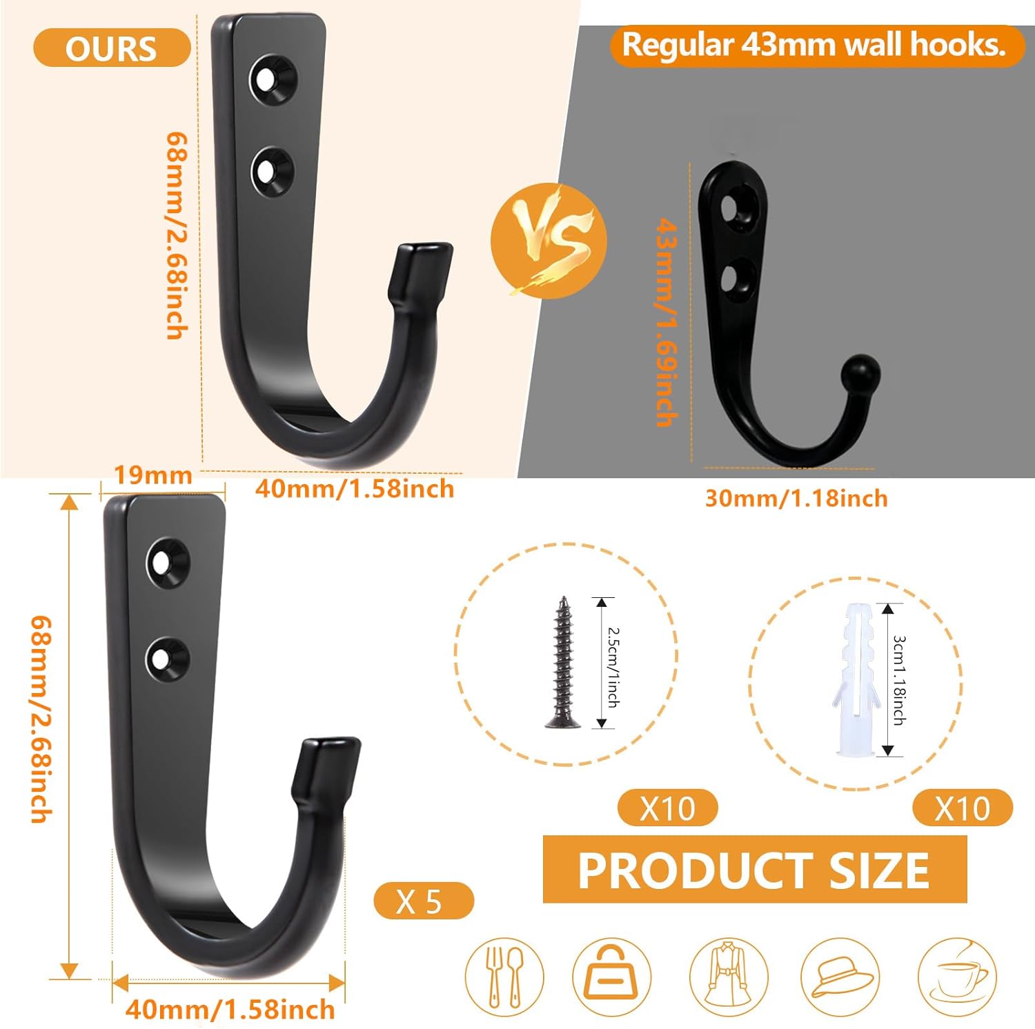 5 Large Size Heavy Duty Wall Hooks, Coat Hooks for Hanging Pans, Backpacks, Coats, Garage Items (Black) - Image 2