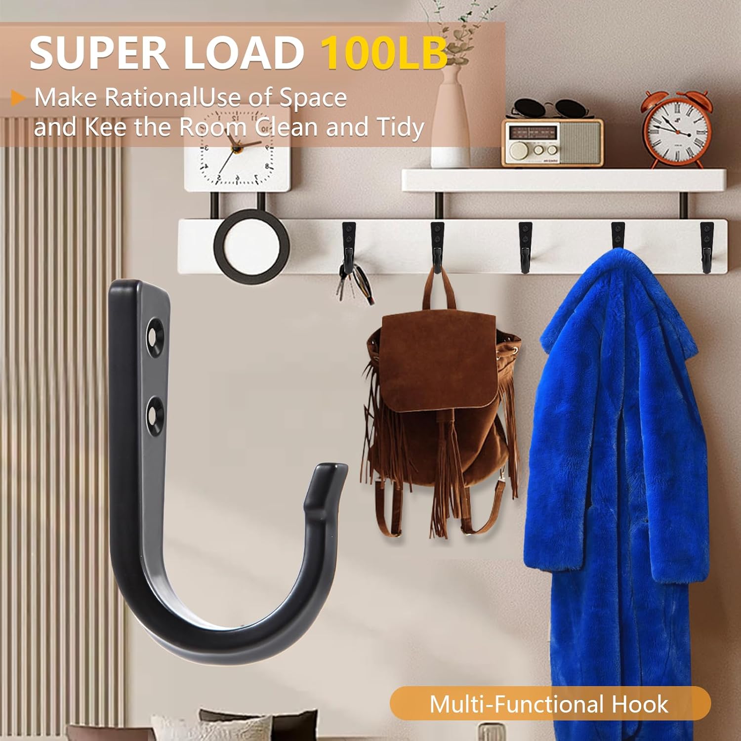 5 Large Size Heavy Duty Wall Hooks, Coat Hooks for Hanging Pans, Backpacks, Coats, Garage Items (Black) - Image 3