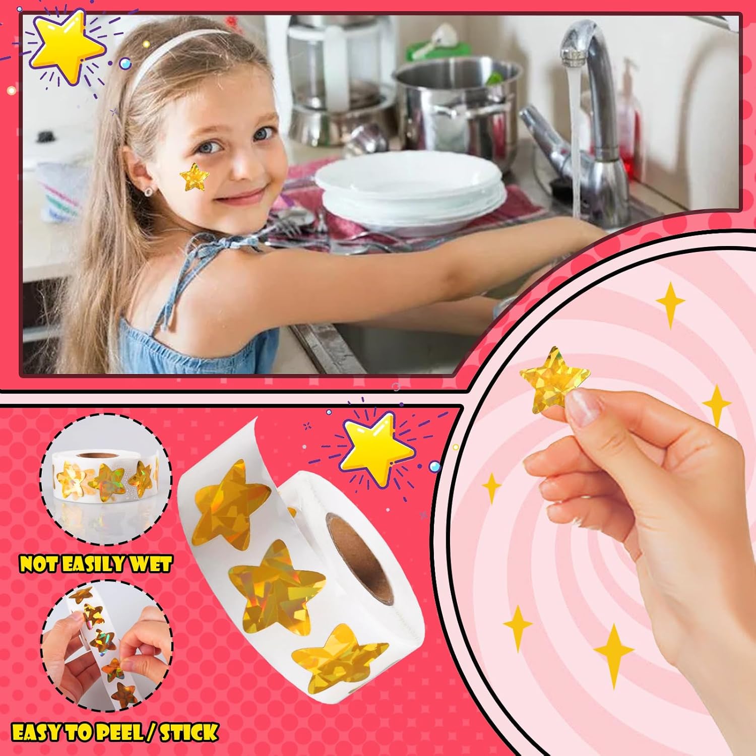 1500 PCS Holographic Gold Star Stickers for Kids Reward, Self Adhesive Sparkly Foil Star Stickers for Behavior Chart, Student Planner and School Classroom Teacher Supplies (1