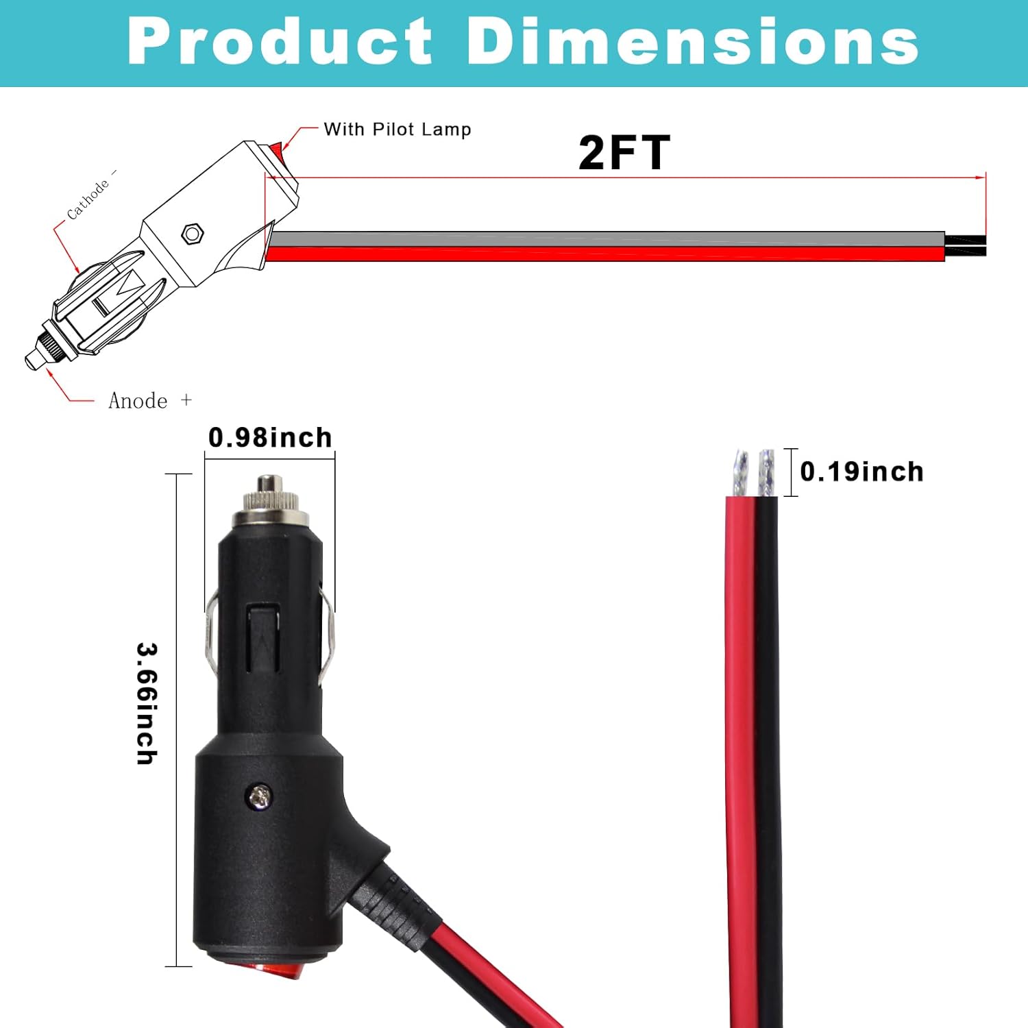 12V Fused Replacement Cigarette Lighter Male Plug with On Off Switch - 2FT 12Volt 15amp Cigarette Lighter Plug with Leads and Led Lights, 16AWG Cigarette Plug for Car Cooler,Cb Radio, Air Compressor - Image 2