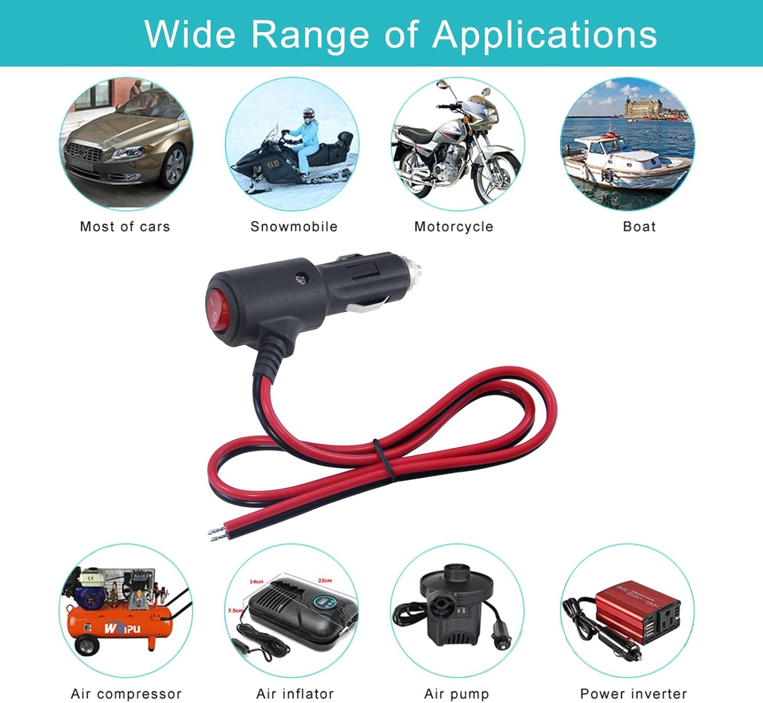 12V Fused Replacement Cigarette Lighter Male Plug with On Off Switch - 2FT 12Volt 15amp Cigarette Lighter Plug with Leads and Led Lights, 16AWG Cigarette Plug for Car Cooler,Cb Radio, Air Compressor - Image 7
