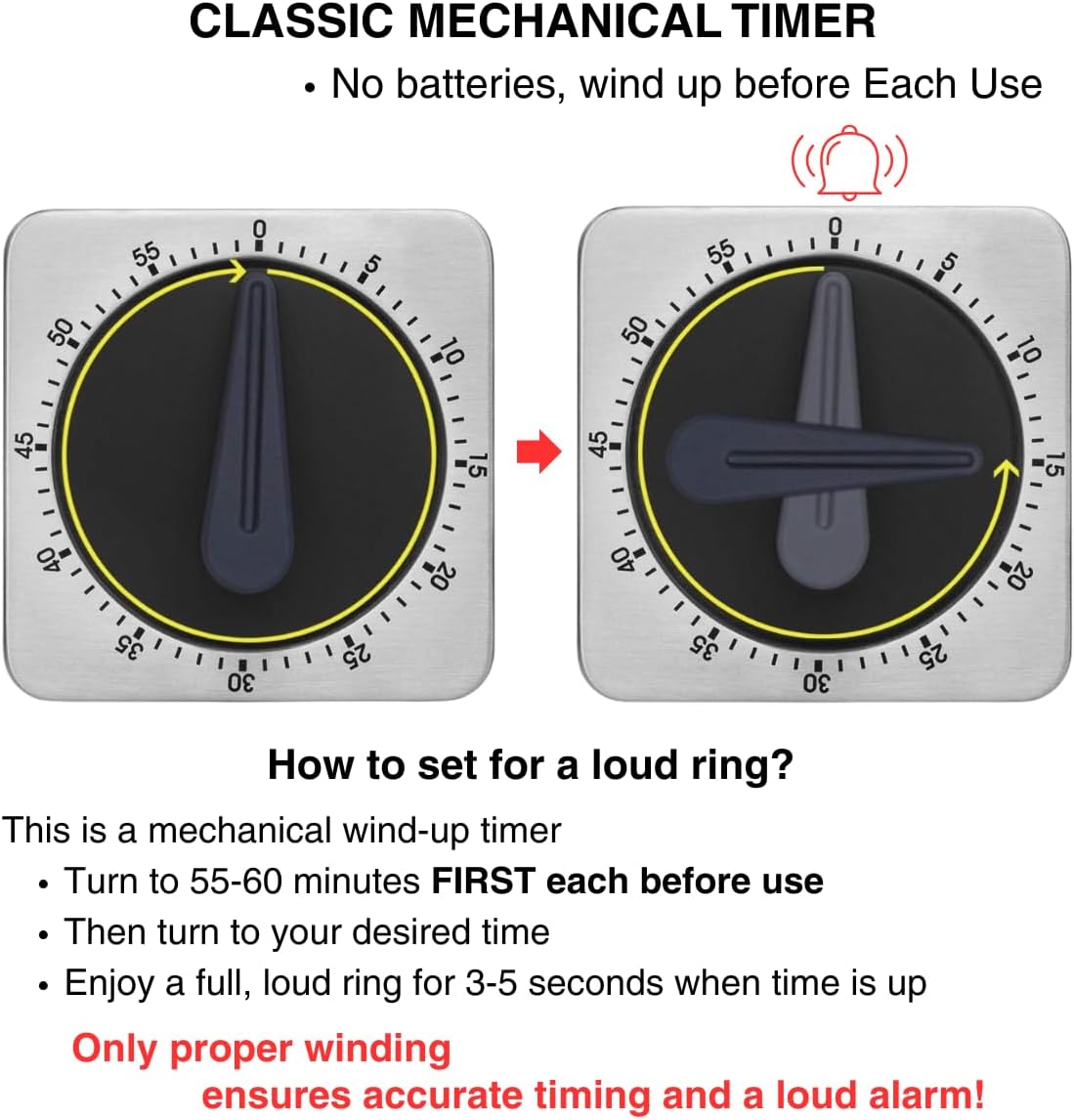 Mechanical Kitchen Timer Magnetic with Loud Alarm, 60-Minute Manual Wind Up Analog Countdown Timer with Stainless Steel Scale, No Batteries for Chef Cooking, Baking, Egg, Oven, Seniors - Image 2