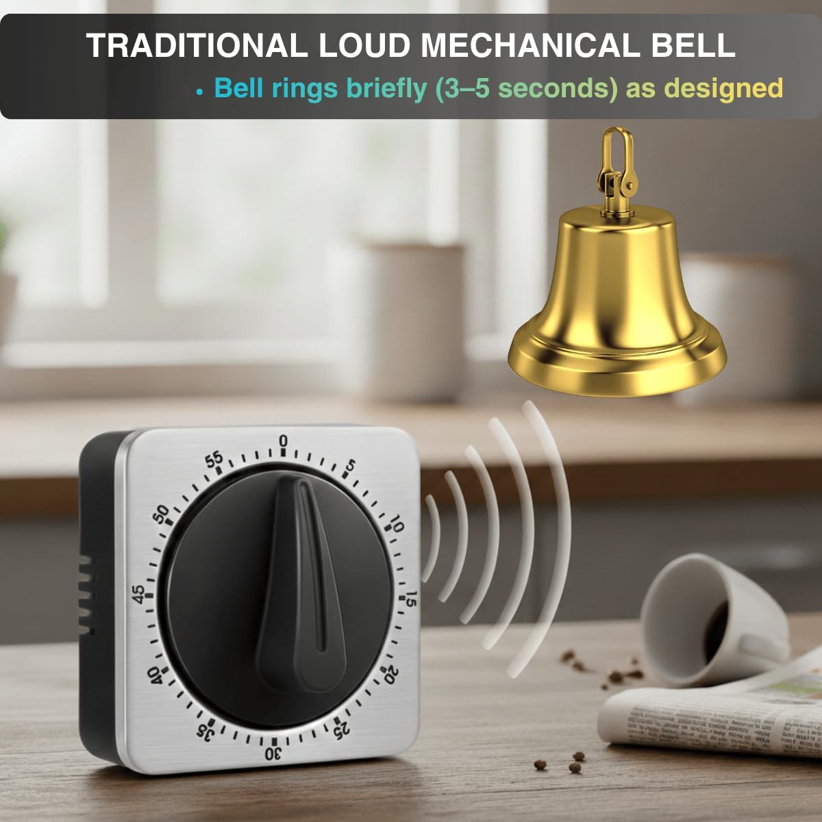 Mechanical Kitchen Timer Magnetic with Loud Alarm, 60-Minute Manual Wind Up Analog Countdown Timer with Stainless Steel Scale, No Batteries for Chef Cooking, Baking, Egg, Oven, Seniors - Image 4
