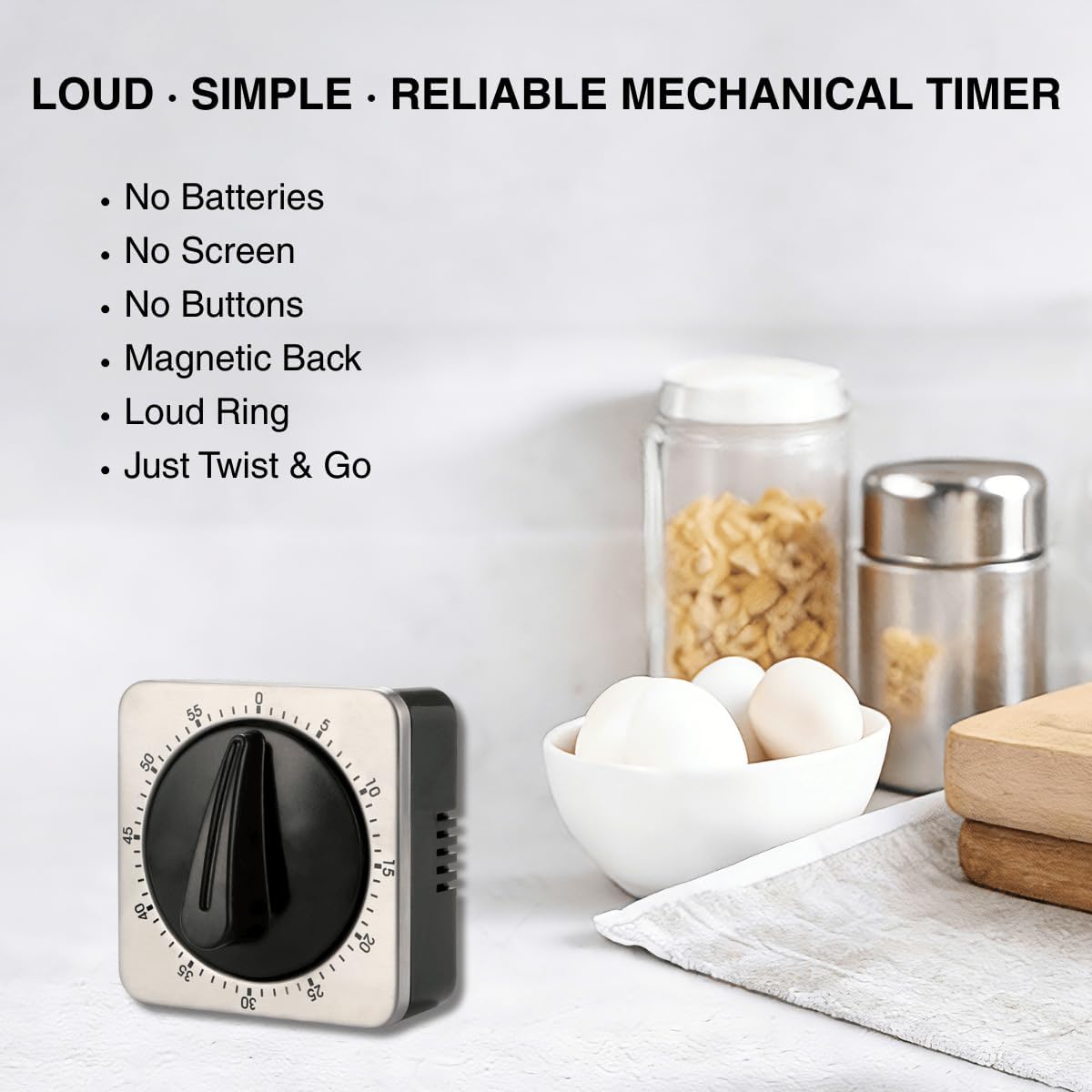 Mechanical Kitchen Timer Magnetic with Loud Alarm, 60-Minute Manual Wind Up Analog Countdown Timer with Stainless Steel Scale, No Batteries for Chef Cooking, Baking, Egg, Oven, Seniors - Image 6