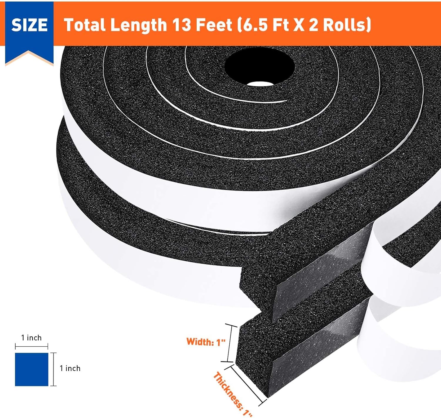 Weather Stripping Door Seal 1 Inch W x 1 Inch T, Strong Adhesion and High Resilience Air Conditioner Foam Insulation for Windows, Total Length 13 Feet (6.5ft x 2 Rolls) - Image 2