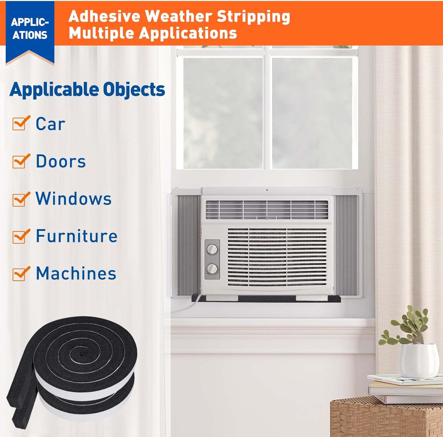 Weather Stripping Door Seal 1 Inch W x 1 Inch T, Strong Adhesion and High Resilience Air Conditioner Foam Insulation for Windows, Total Length 13 Feet (6.5ft x 2 Rolls) - Image 6
